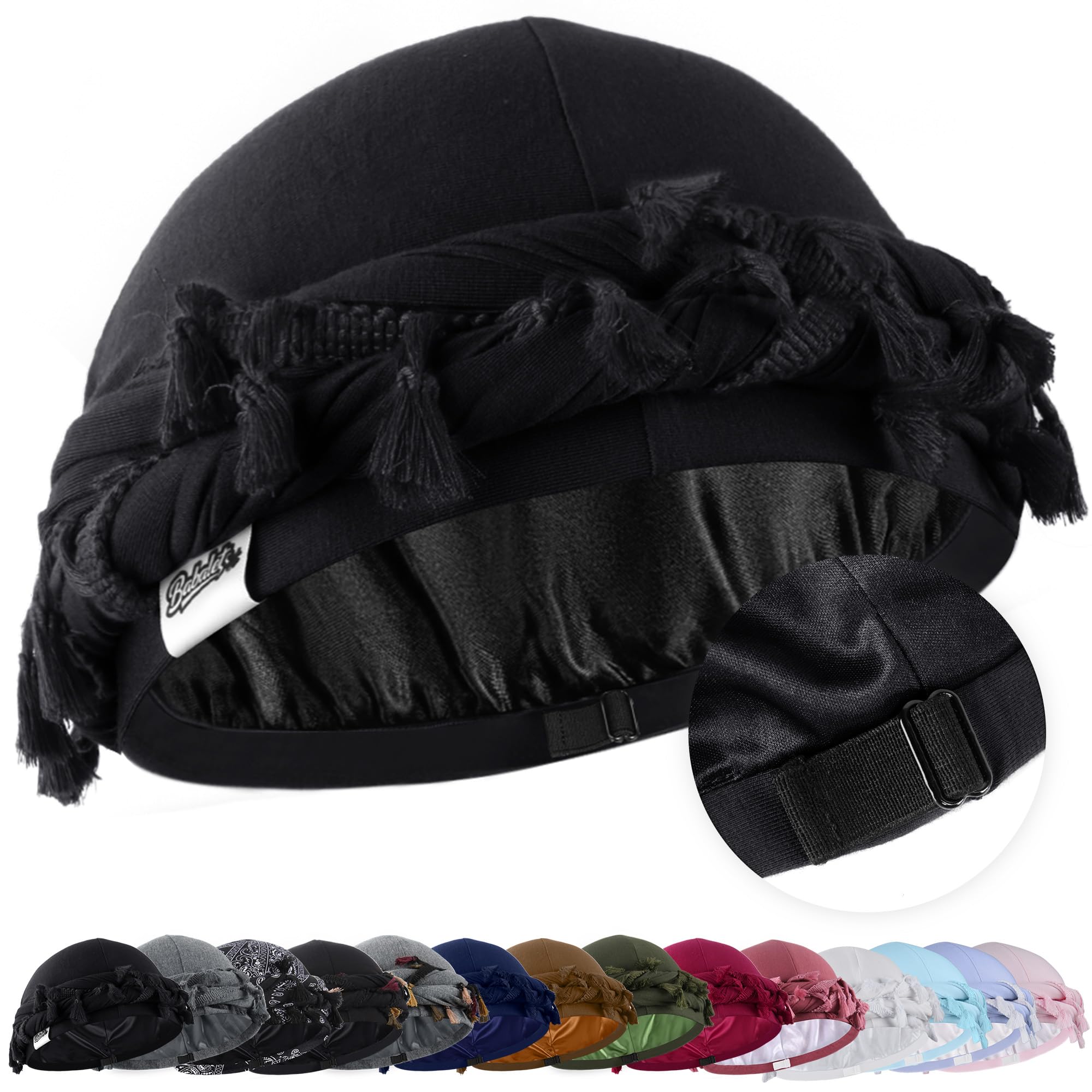 Halo Turban for Men Women Satin Lined Durag Head Wraps Skull Cap Pre-Tied Tassels Braid Beanie Vintage Twist Bonnet