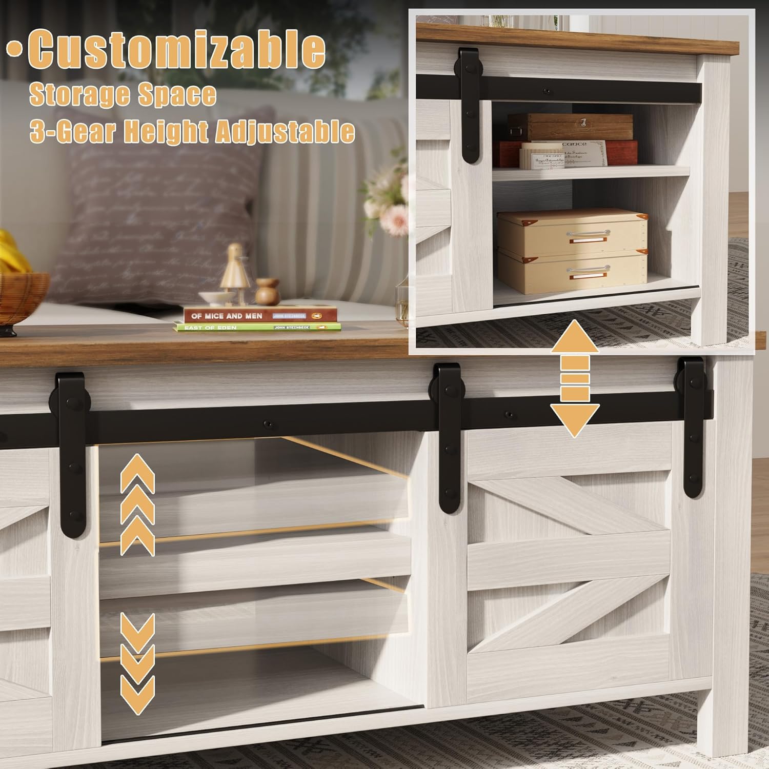 Furmax Coffee Table with Storage and Sliding Barn Doors, Farmhouse Living Room Table with Adjustable Shelves, Wood Rustic Center Table for Home Living Meeting Room (Antique White)