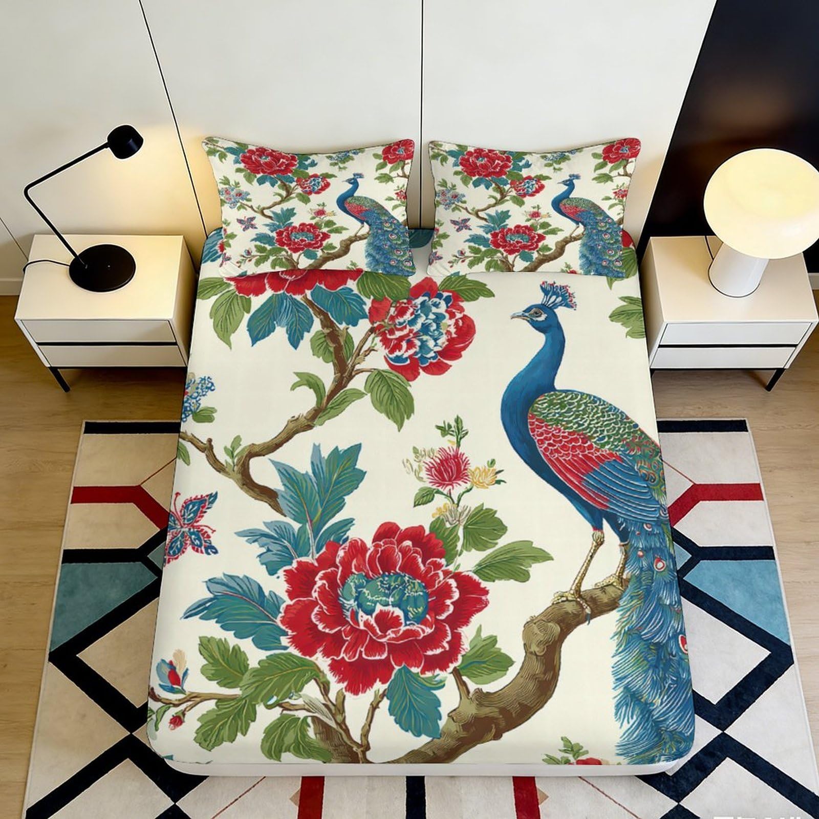 Pnayamiorkfel Style-4 3D Printed Peacock Blossom Fitted Sheet Microfiber Anti-Slip Bed Cover Floral Art For Bedroom Guest Room Decor 90X200x25cm