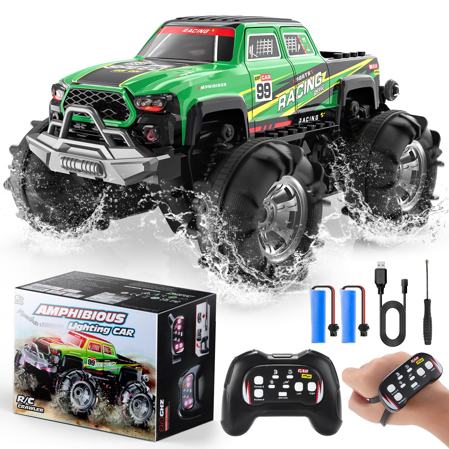DEERC BG028 Amphibious RC Monster Truck/Boat, IPX7 Waterproof Remote Control Car W/Gesture Sensing Control, 2.4GHz 4WD RC Car W/ 360Rotation,Flowing Light,40mins Play RC Truck Toys for Kids Boys