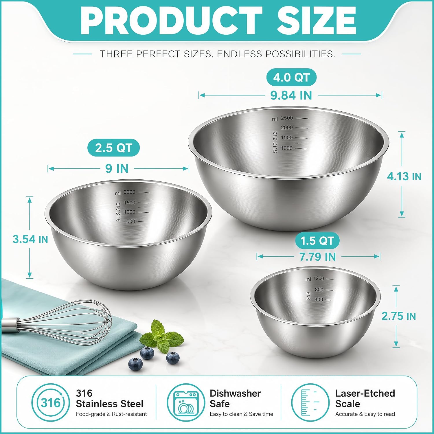 Stainless Steel Mixing Bowls Set of 3, 1.5/2.5/4 Qt, Nesting Bowls
