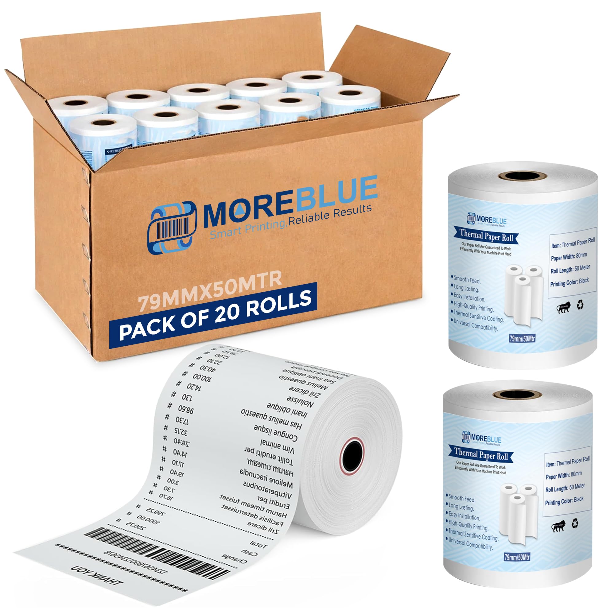 MOREBLUE® 3 Inch Thermal Paper Rolls (79mm x 50m, 55 GSM) | Ink-Free, BPA-Free Receipt Paper for POS Machine, Billing Machine & Credit Card Machine Pack 20