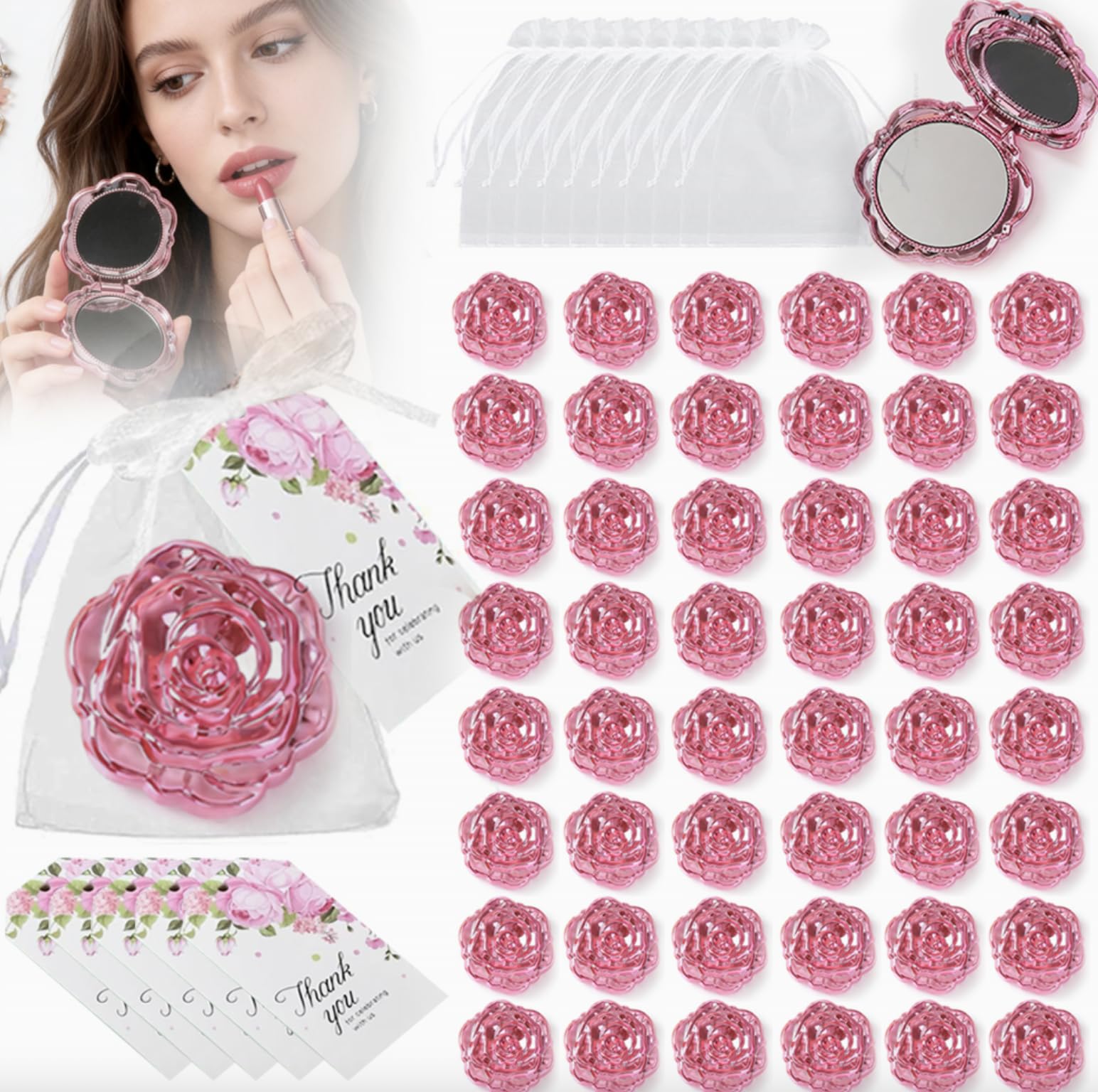 50 Sets Rose Compact Mirror Bulk - Quinceanera Party Favors for Guests, Wedding Favors, Bridal Shower & Sweet 16 Gifts - Includes Organza Bags and Thank You Tags(Pink)