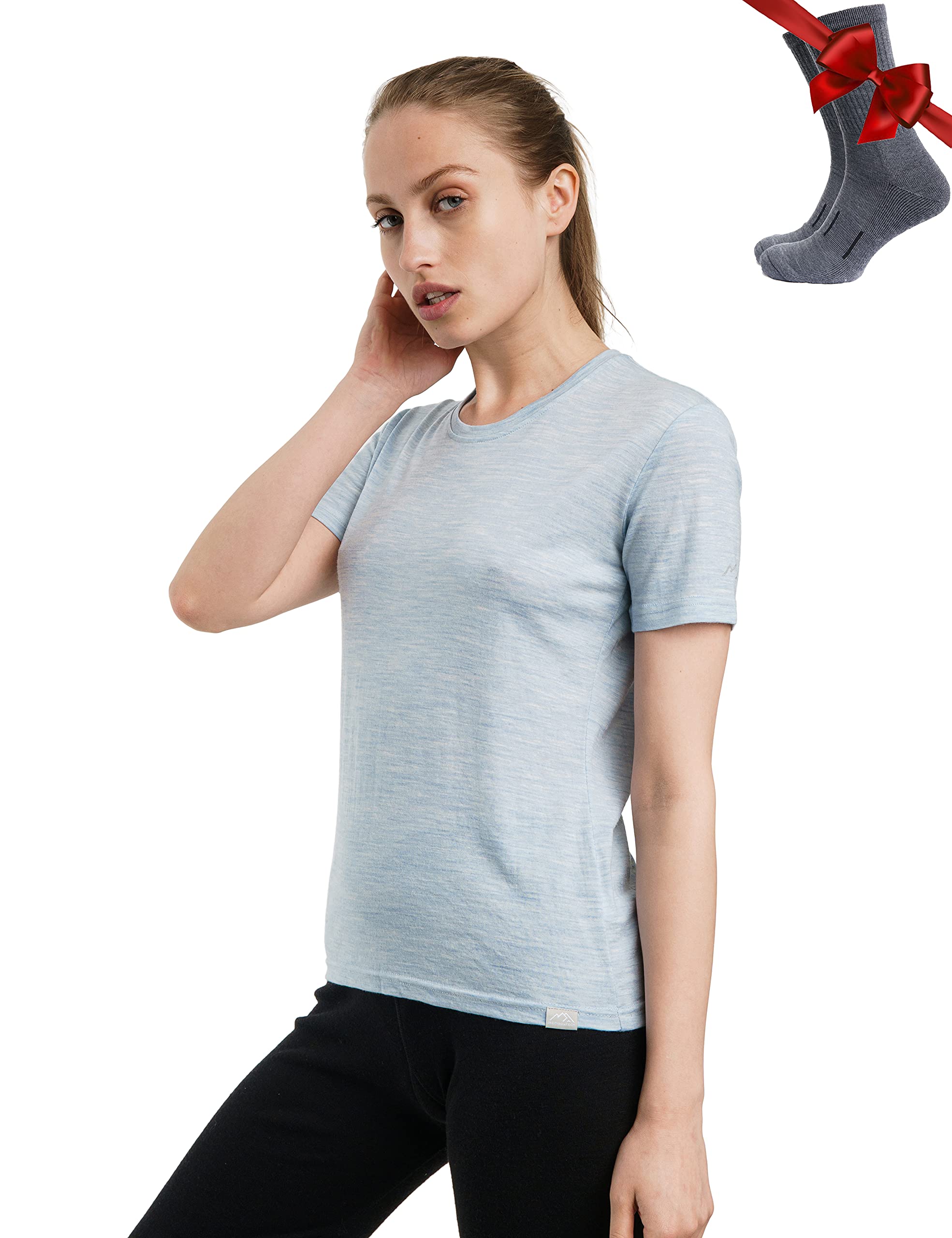 Merino.tech Women's Arctic Crewneck Merino Wool T Shirt - 100% Merino Wool Base Layer Short Sleeve Tee + Hiking Sockss (Small, )