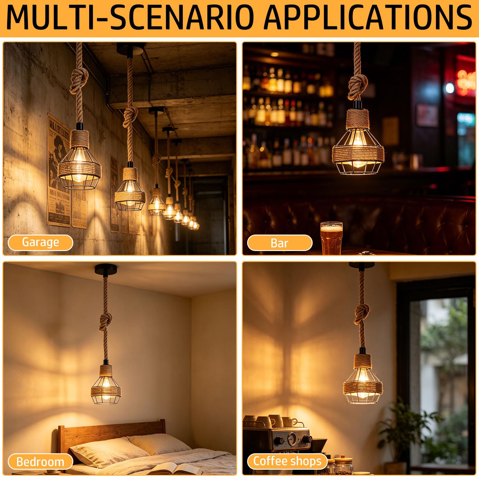 ACAREY Hanfseil Seillampe Seil Lampe, Lampenaufhängung Schwarz, Lampenfassung E27 mit Kabel, Lampenkabel mit Fassung, Outdoor Lampe Hängend, für Küche, Esszimmer, Café (A)