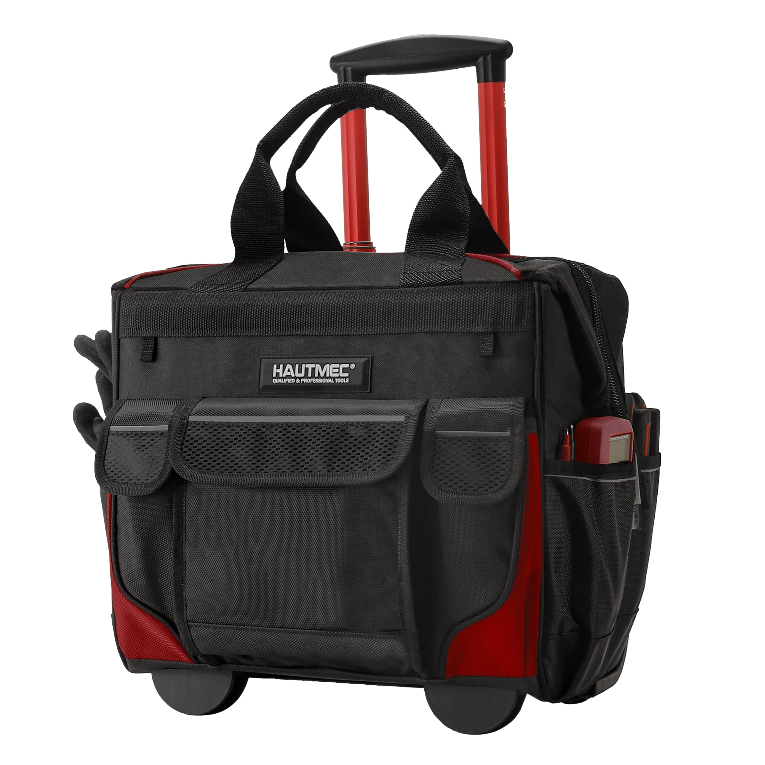 HAUTMEC 14.5" Rolling Tool Bag on Wheels, Heavy-Duty Tool Bag with High-Density Oxford Fabric, Oversized Off-Road Wheels, Wide-Mouth Design, 25-Pocket, Double Zipper & Telescoping Handle, HTTBM25005