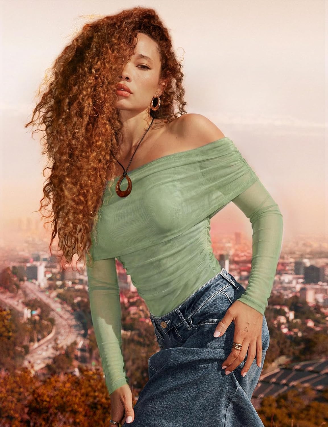 SAUNGKUAI Women's Off The Shoulder Long Sleeve Bodysuit Sexy Slimming Body Suit Tops Sheer Mesh Ruched Fall Outfits 2026 - Image 6