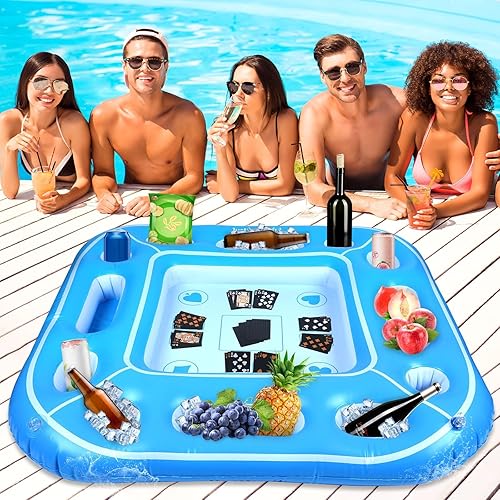 Vista 7 de Mesa de juegos flotante grande de 40 pulgadas para piscina con naipes impermeables, bandeja de mesa inflable para alimentos, piscina, soporte