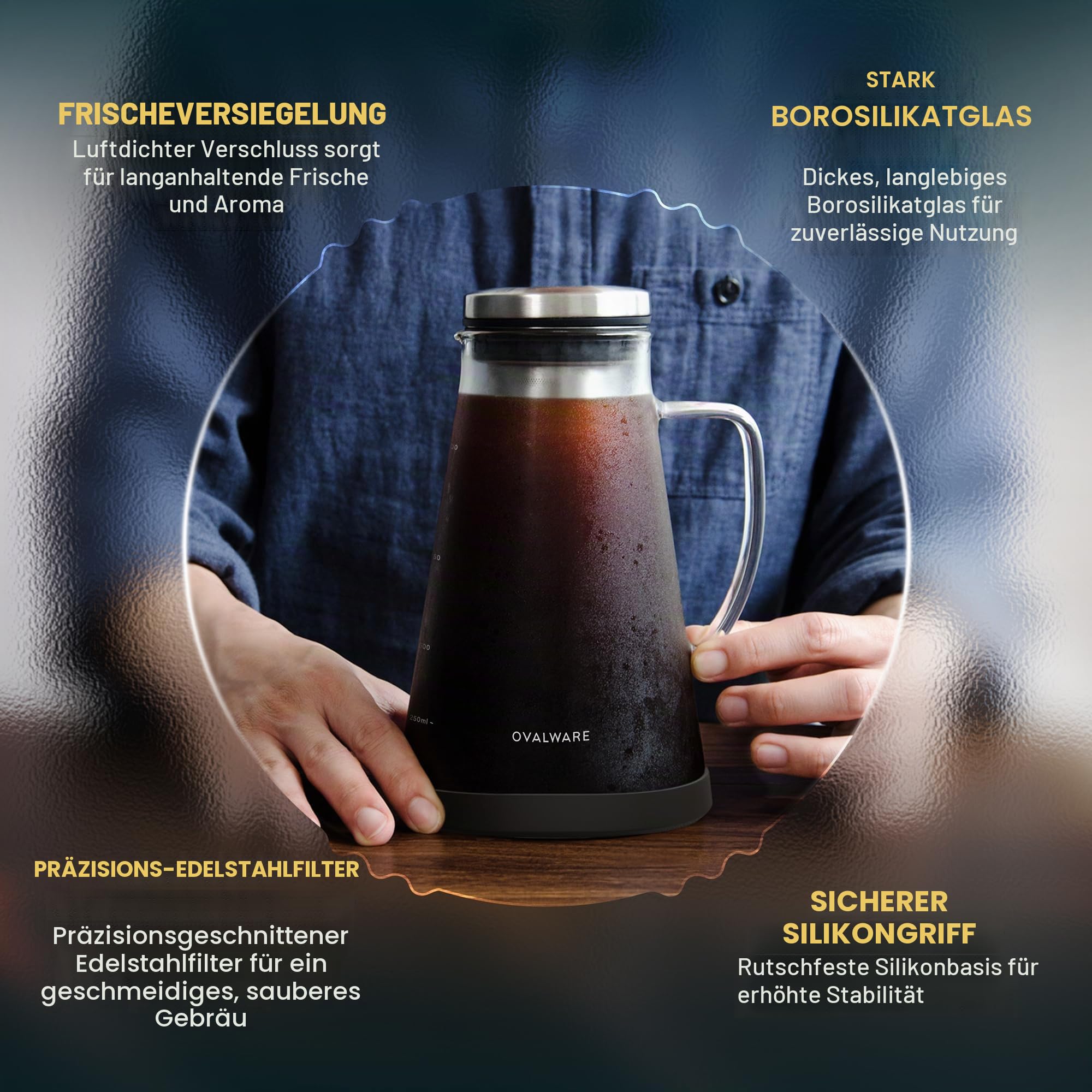 ovalware Cold Brew Coffee Maker - Luftdichte Kaffeemaschine für kalten Kaffee und Teesieb mit Ausguss RJ3 Brühglaskaraffe mit (1.0 Liter)