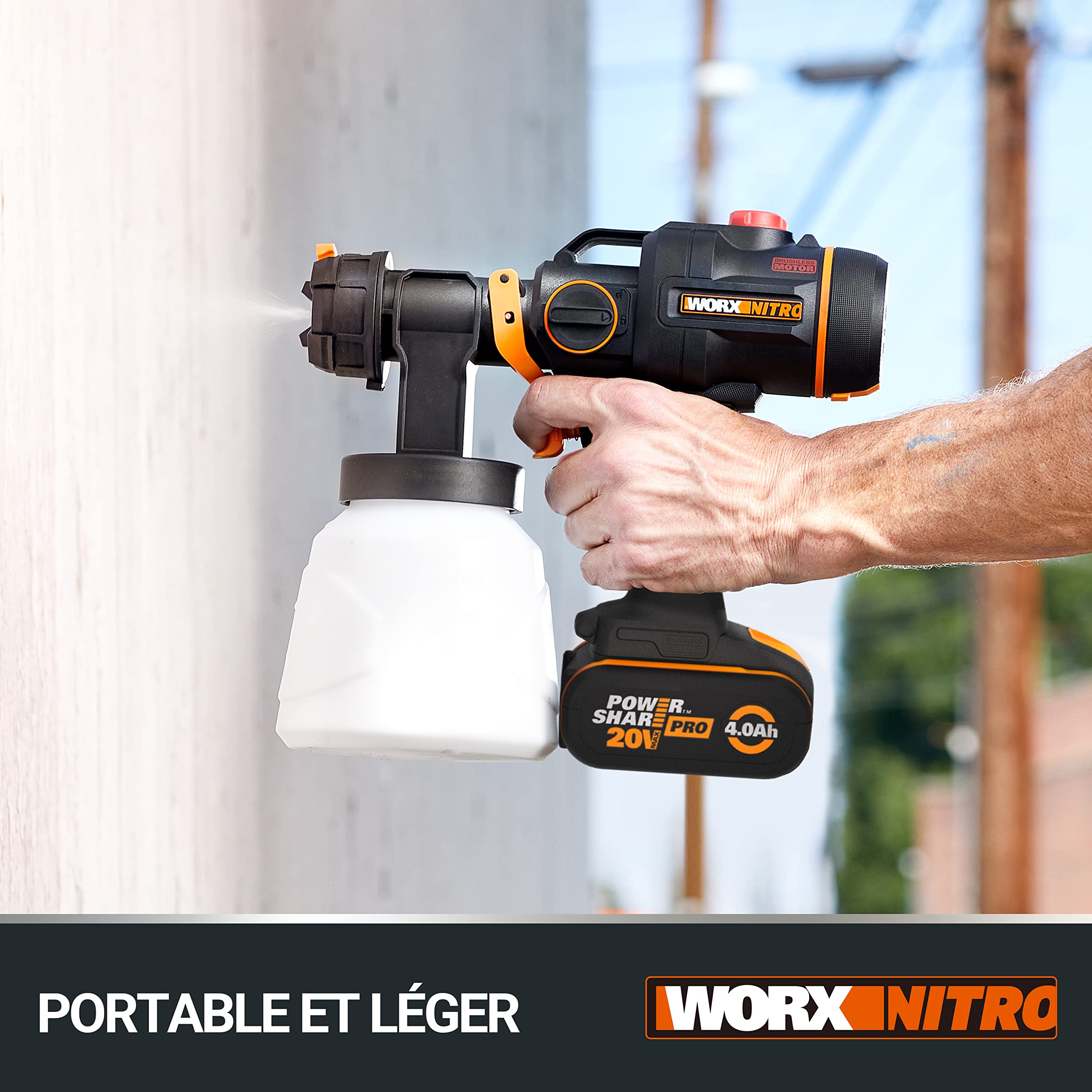 WORX Pistolet à Peinture sans Fil 20V WX020.9 | Puissant moteur sans balais, 3 modes de pulvérisation et 4 buses, nettoyage facile et application uniforme