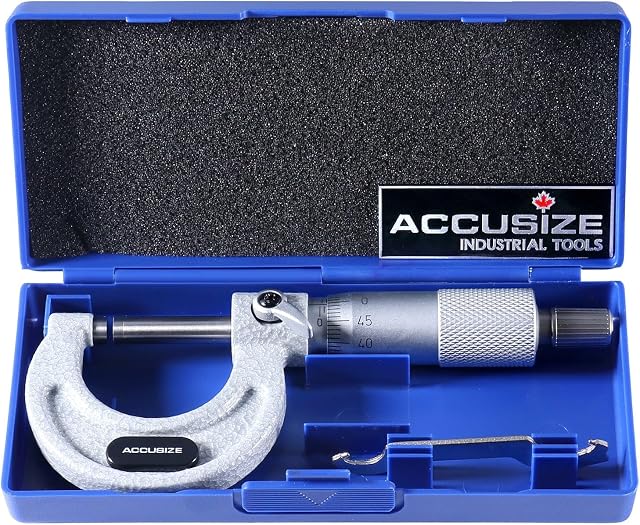 Accusize Industrial Tools Outside Micrometer, 0-25mm, EG00-0025 | 0-25mm, Ultra-Precision, Carbide Tipped, M-Type, Resolution 0.01mm, Ratchet Friction Thimble, Solid Storage Case