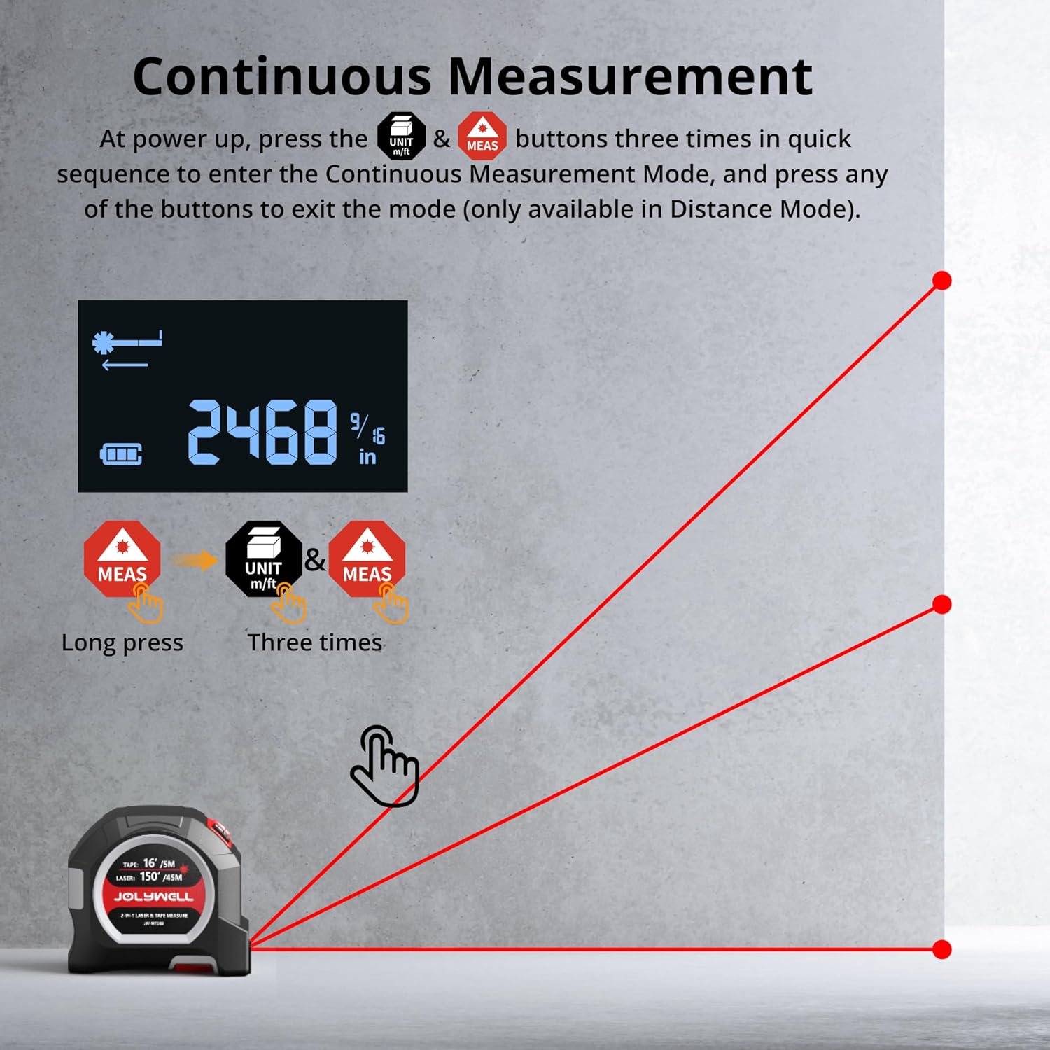 JolyWell 2-in-1 Laser Tape Measure showing steps for continuous measurement