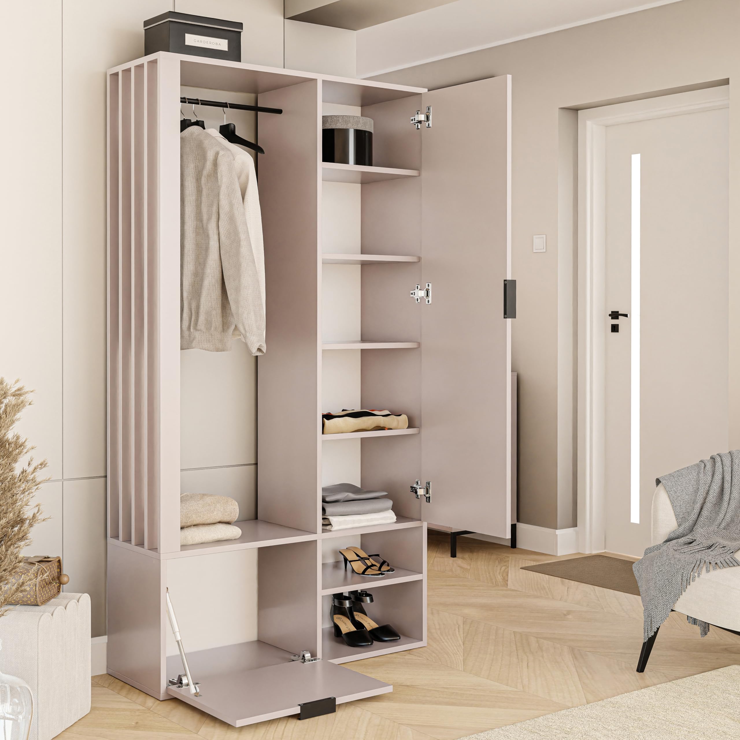 GREKPOL Garderobe Set mit Spiegel 100x33x190 cm Cashmere Garderobenschrank Flur mit Regalböden und Kleiderhaken