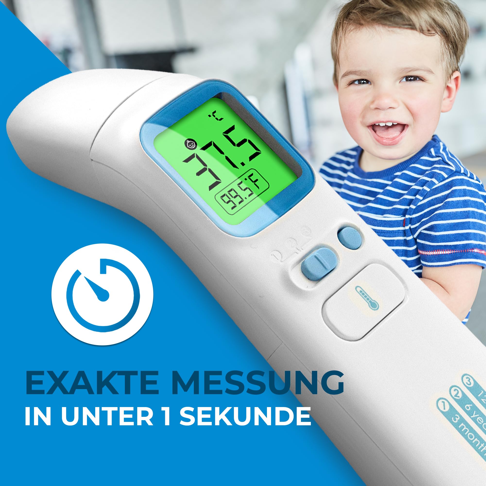 GRUNDIG Termómetro de fiebre ganador de la prueba – sin costes de seguimiento – Termómetro para bebés, niños y adultos, alta precisión, sin contacto y fiebre digital en la frente de la oreja y objetos