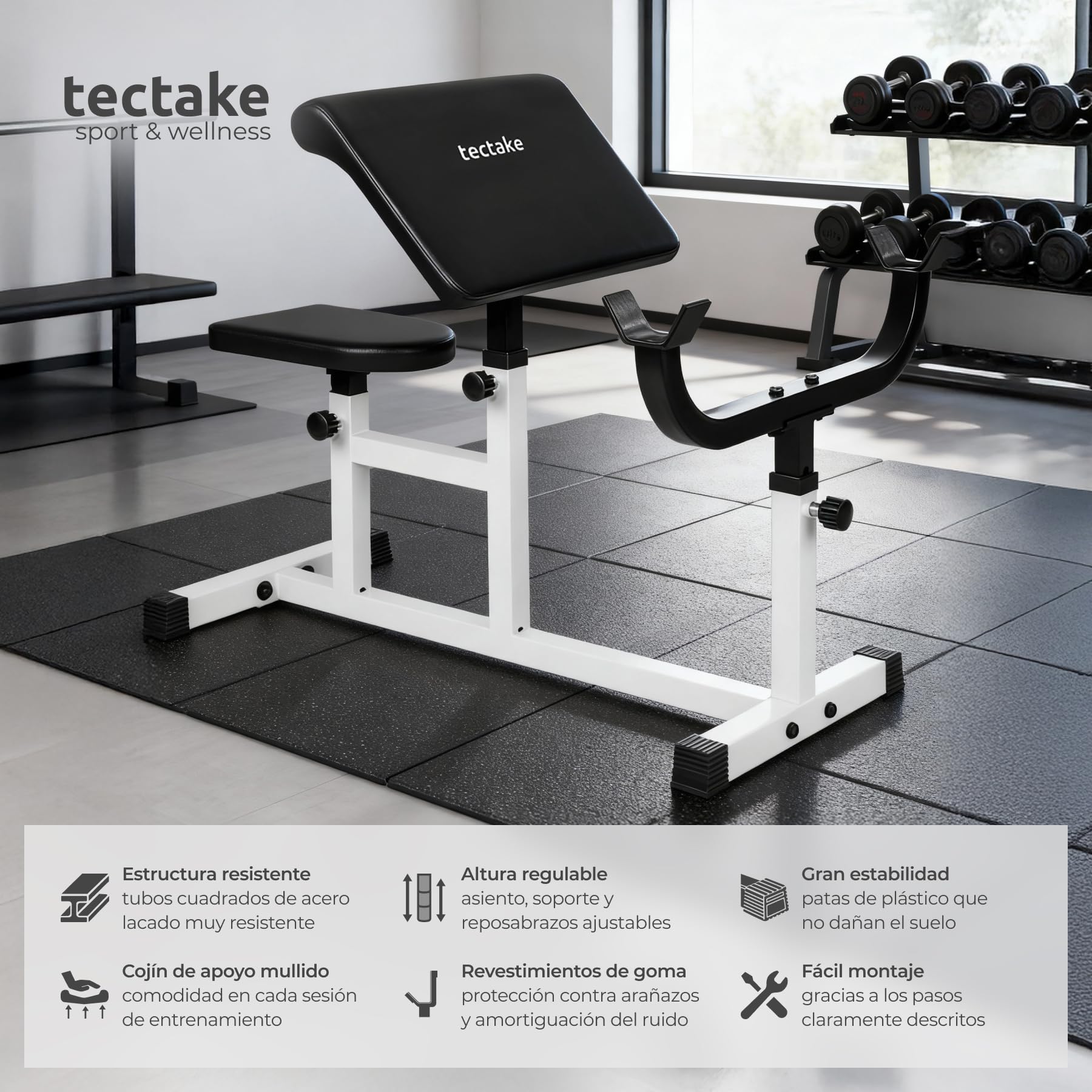tectake® Banco Musculación, Banco de Pesas para Barra Gimnasio, Estructura de Acero Resistente, Asiento y Apoyabrazos Ajustables - Carga Máxima: 150 Kg