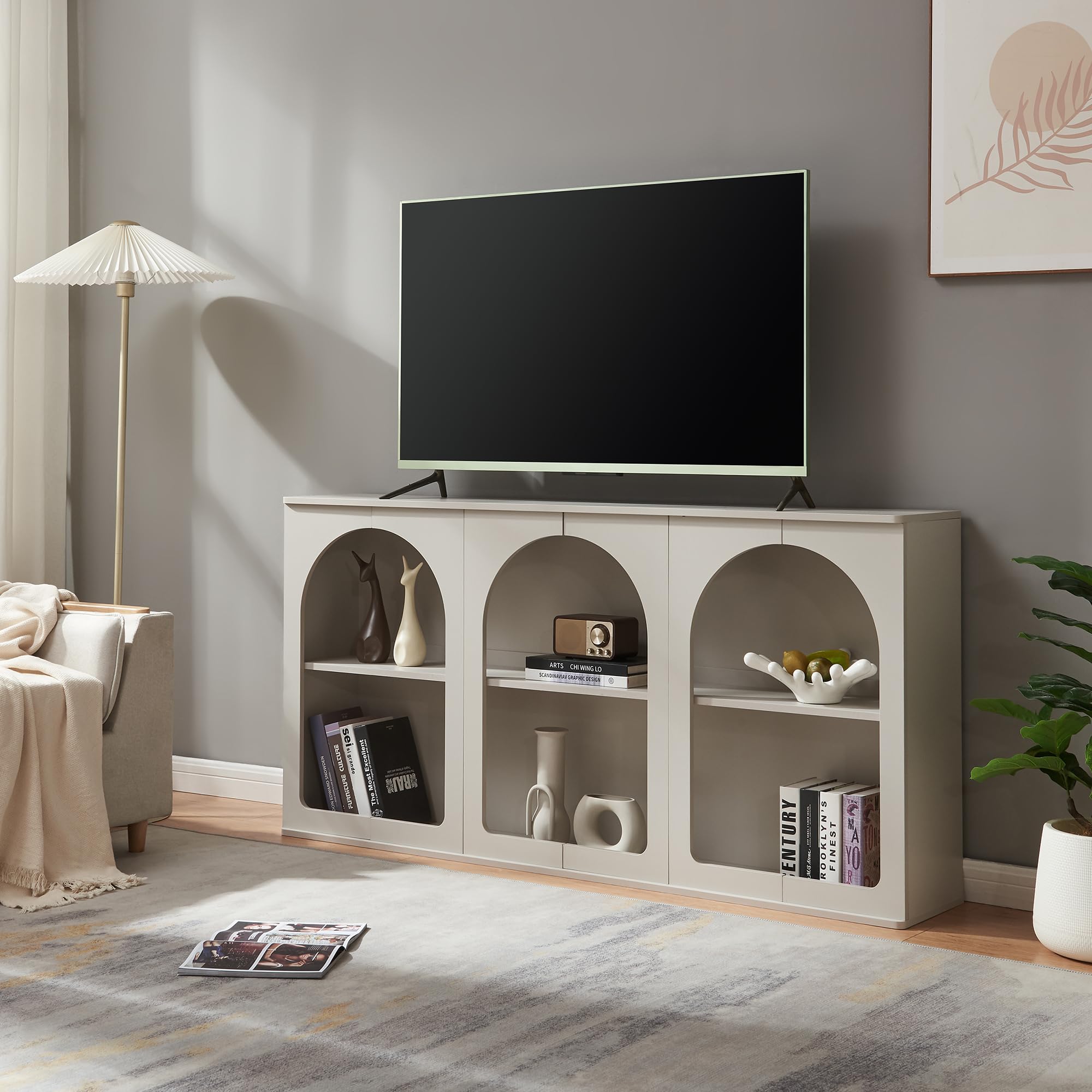 [en.casa] Credenza Mobile Contenitore Espositore Basso con Ripiano Interno e Vani Aperti Comò per Archiviazione Sala da Pranzo Soggiorno Ingresso 160x30x80 cm - Grigio