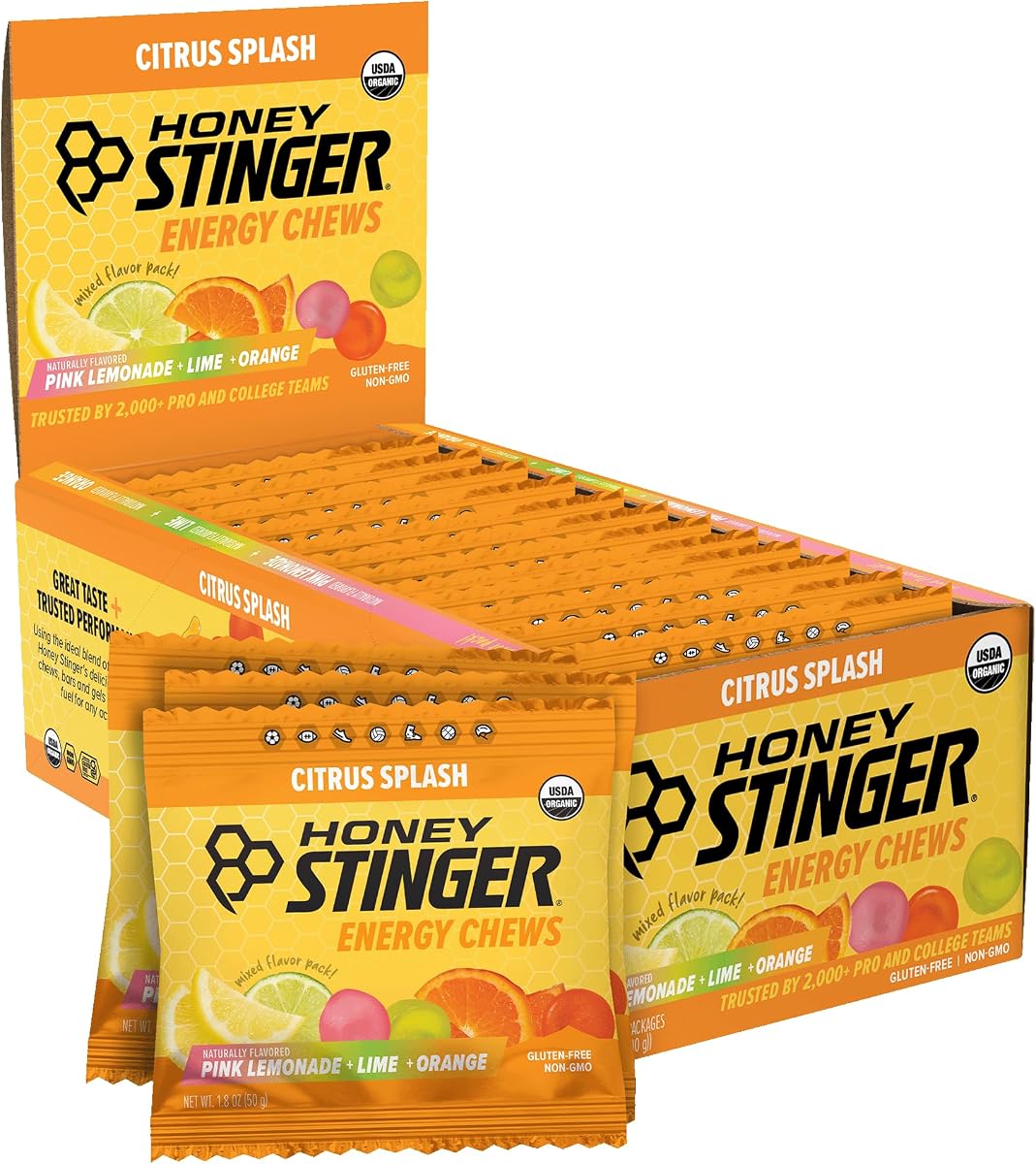 Honey Stinger Organic Citrus Splash Energy Chews, Gluten Free & Caffeine Free, for Exercise, Running and Performance, Sports Nutrition for Home & Gym, Pre and Mid Workout, 21.6 Ounces (Pack of 12)