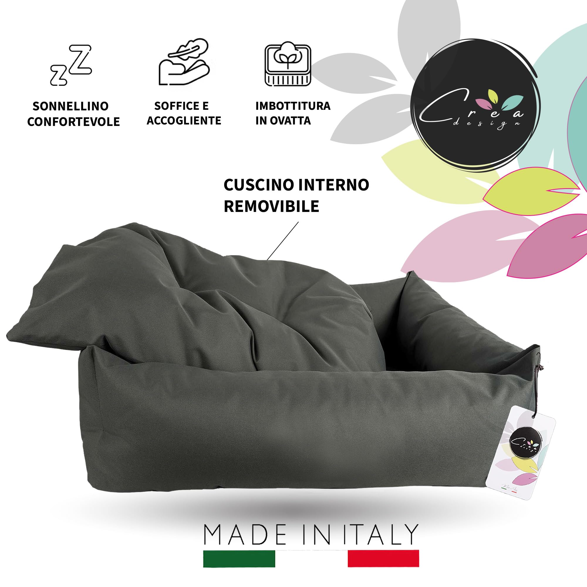 Crea Bed - Cuccia lettino per cani idrorepellente resistente ai graffi, realizzata a mano in Italia. Cuscino per Cane tessuto robusto per l'uso interno ed esterno. S/M | 70 x 55 cm, ANTRACITE