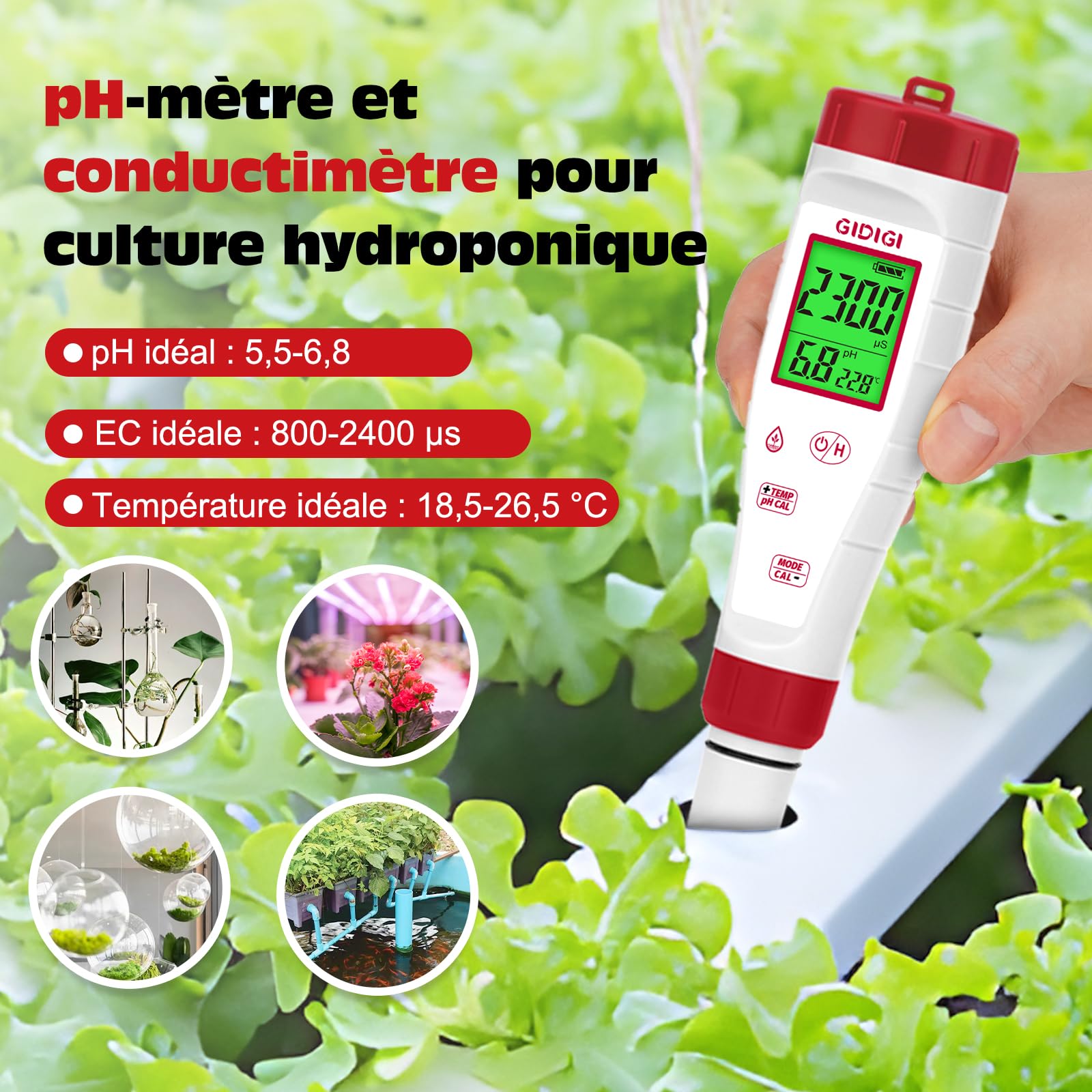 pH-mètre pour l'eau, 4 en 1 Testeur de pH et ppm,Affichage simultané du TDS, du pH, de la CE(conductivité) et de la température pour l'hydroponie, les piscines, les spas et l'eau domestique