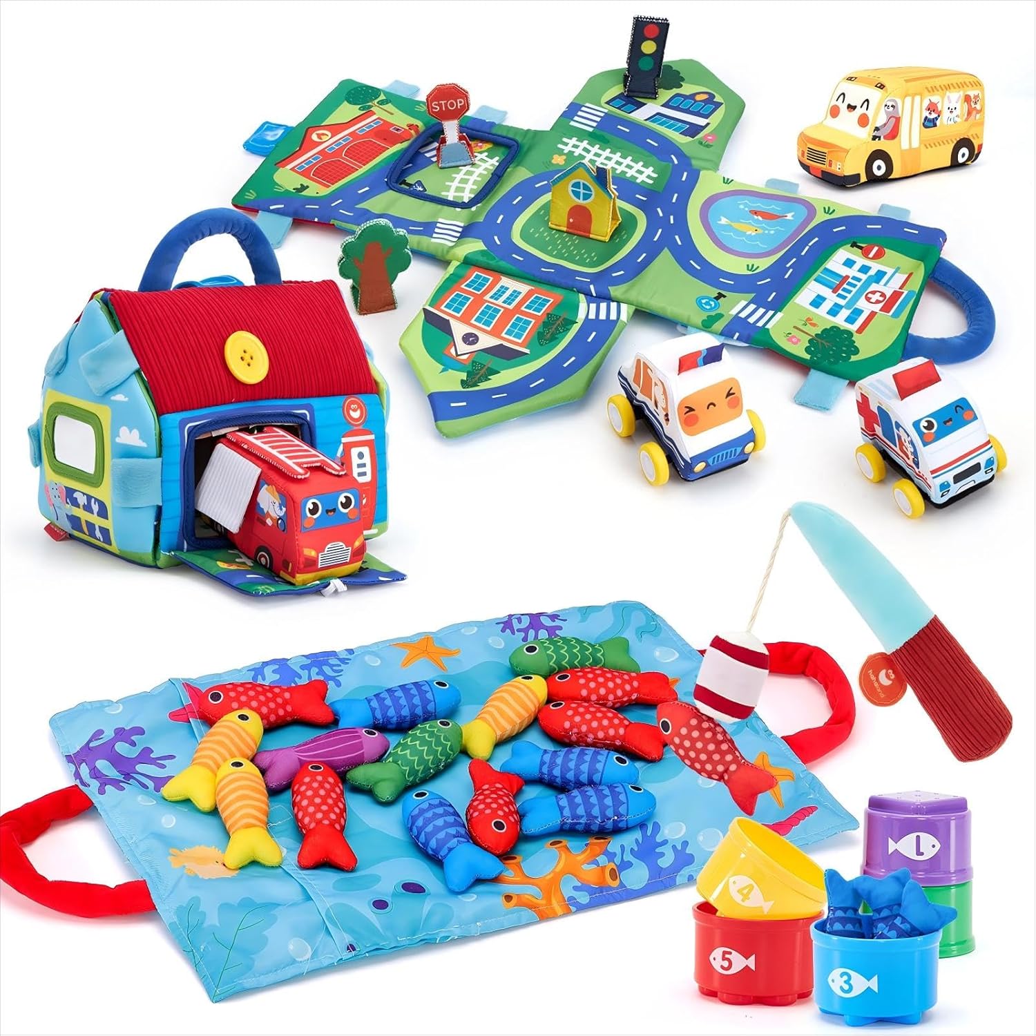 hahaland Montessori Toys for 1 Year Old - 10 in 1 Cloth Toddler Fishing Game with Stacking Cups and Baby First Soft Car Toys - Pull Back Cars, Sensory, Take-Along Cars Playset with Foldable Play Mat