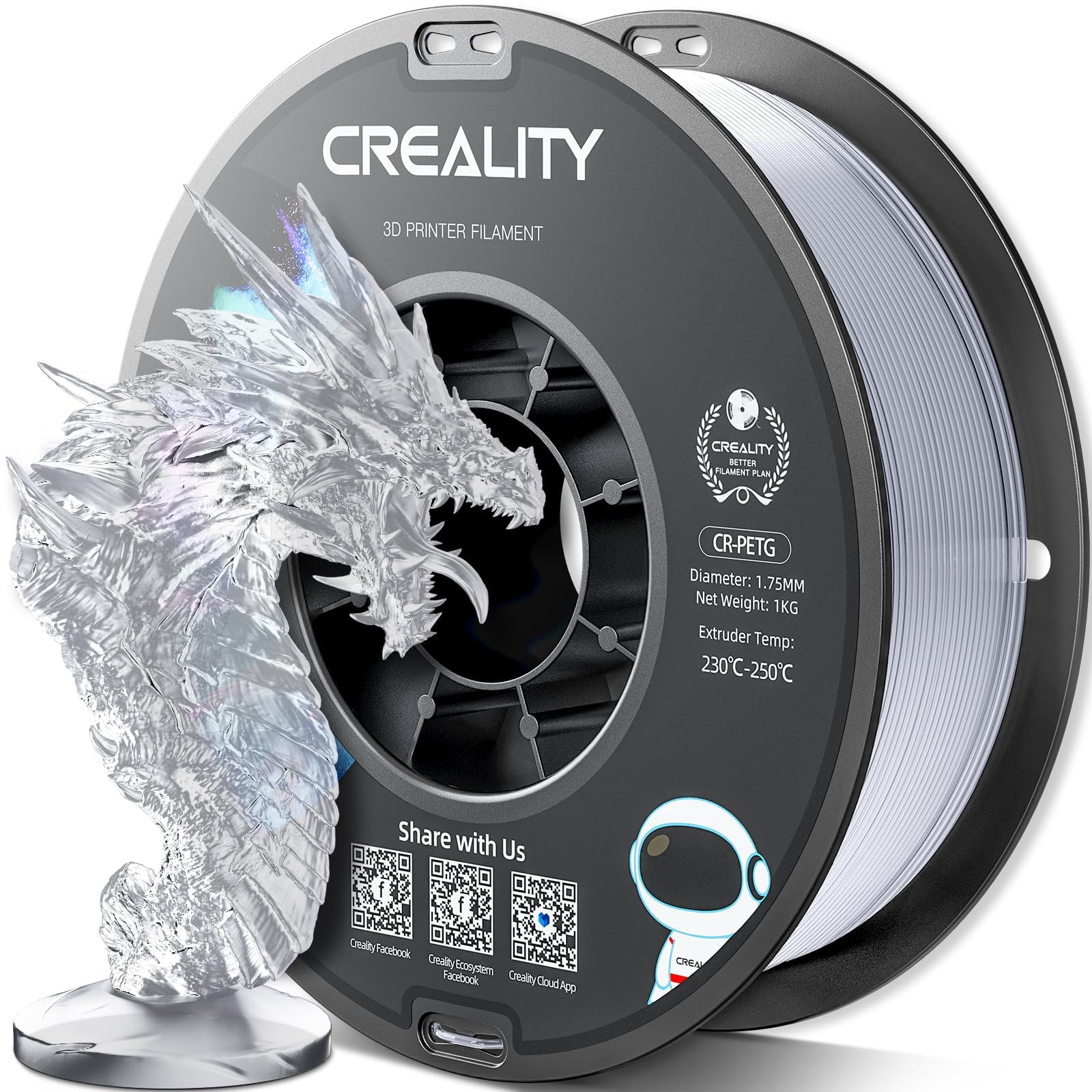 CREALITY PETG Filament 1.75mm 3D Printer Filament, 1kg (2.2lb) Neatly Wound Spool, Dimensional Accuracy ±0.03mm, 2024 Latest Batch, Fit for Ender, Bambu Lab, Anycubic,ELEGOO FDM Printers, Transparent