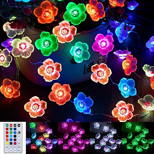 Guirnalda de luces de flor de cerezo, 16 colores, 40 luces LED de 13 pies, funciona con USB y pilas, flores 3D, decorativas, impermeables, para