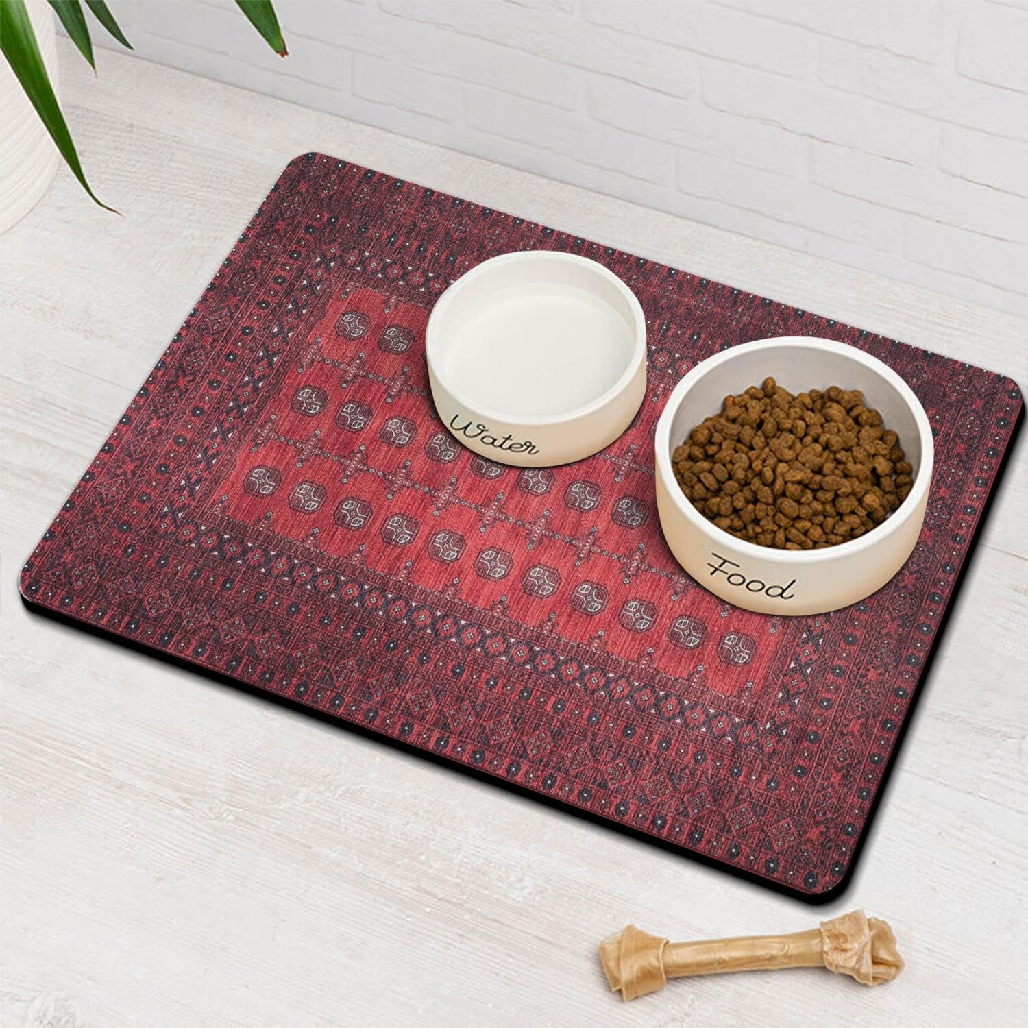 Vintage Tribal Dog Food & Water Mat, Boho Pet Feeding Mat for Floor Non-Slip Waterproof, Super Absorbent Cat Bowl Mat, Easy to Clean Durable Pet Placemat,16" × 24"