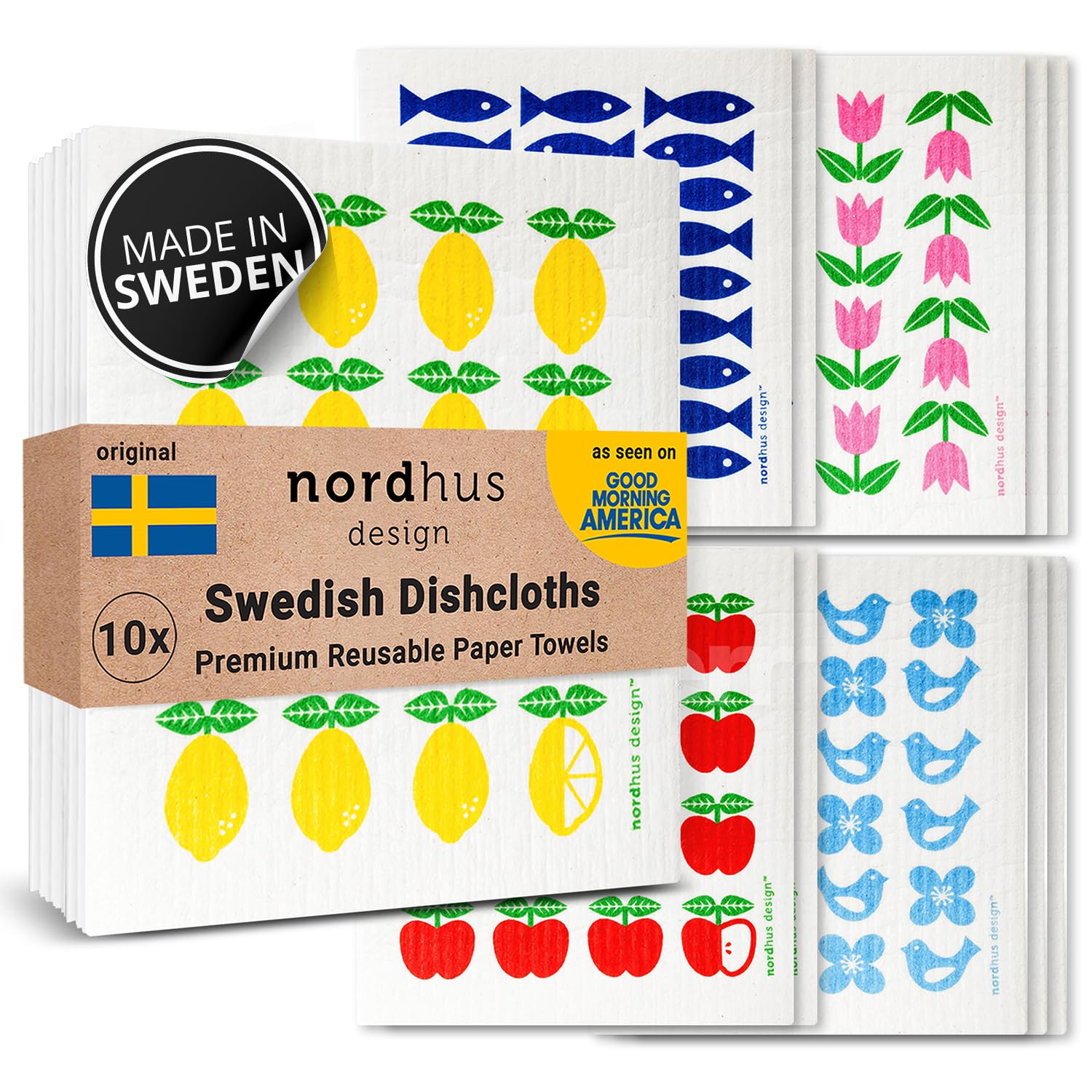 Nordhus Design Swedish Dishcloths, 10 Reusable Paper Towels, Made in Sweden - Reusable, Washable Cellulose Cotton Kitchen Cloths - Biodegradable, Absorbent & Quick Drying