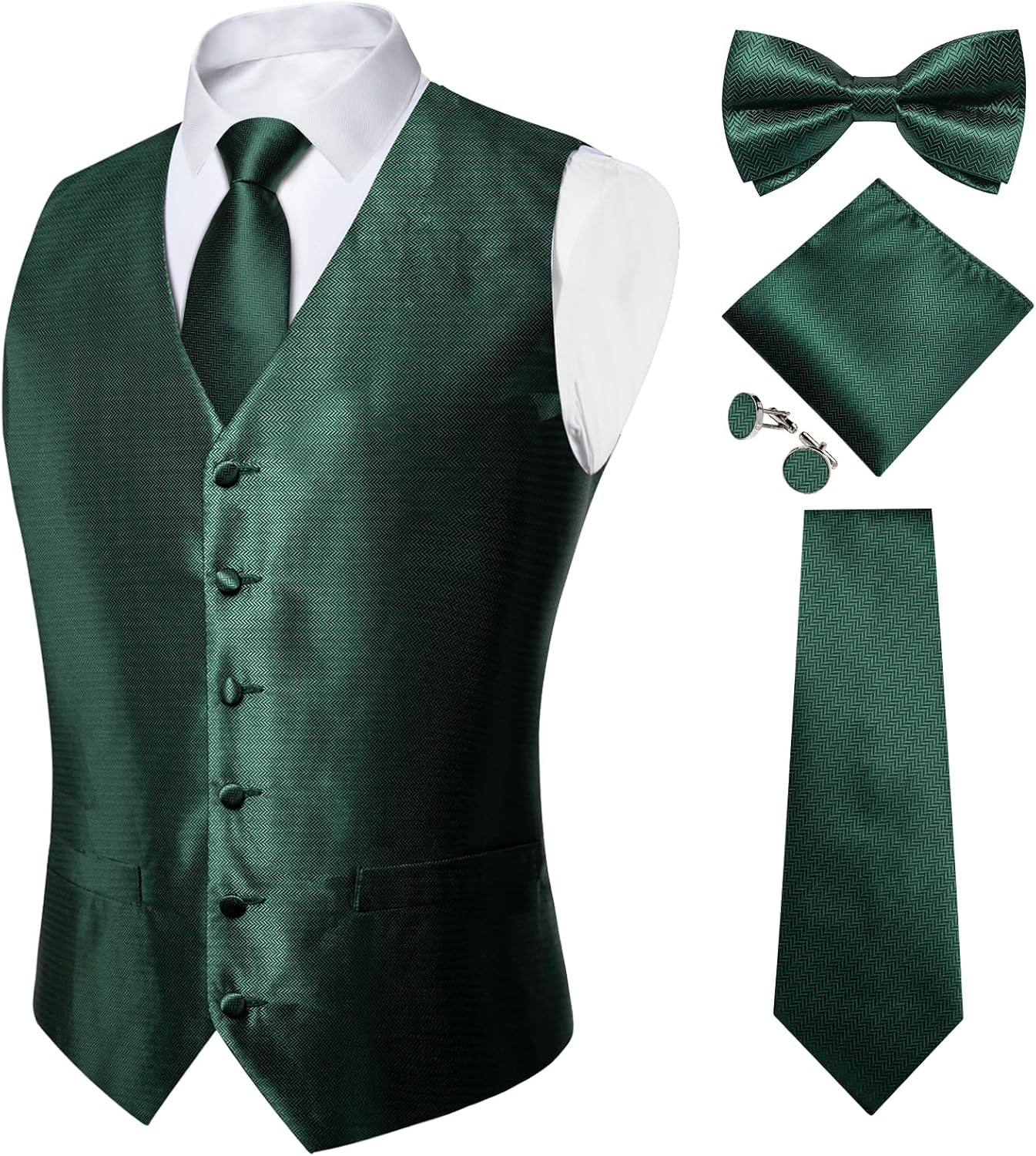 DiBanGu Mens Formal Dress Vest Paisley Jacquard Silk Suit Waistcoat Necktie Bow Tie Set Wedding Party Tuxedo 5PCS