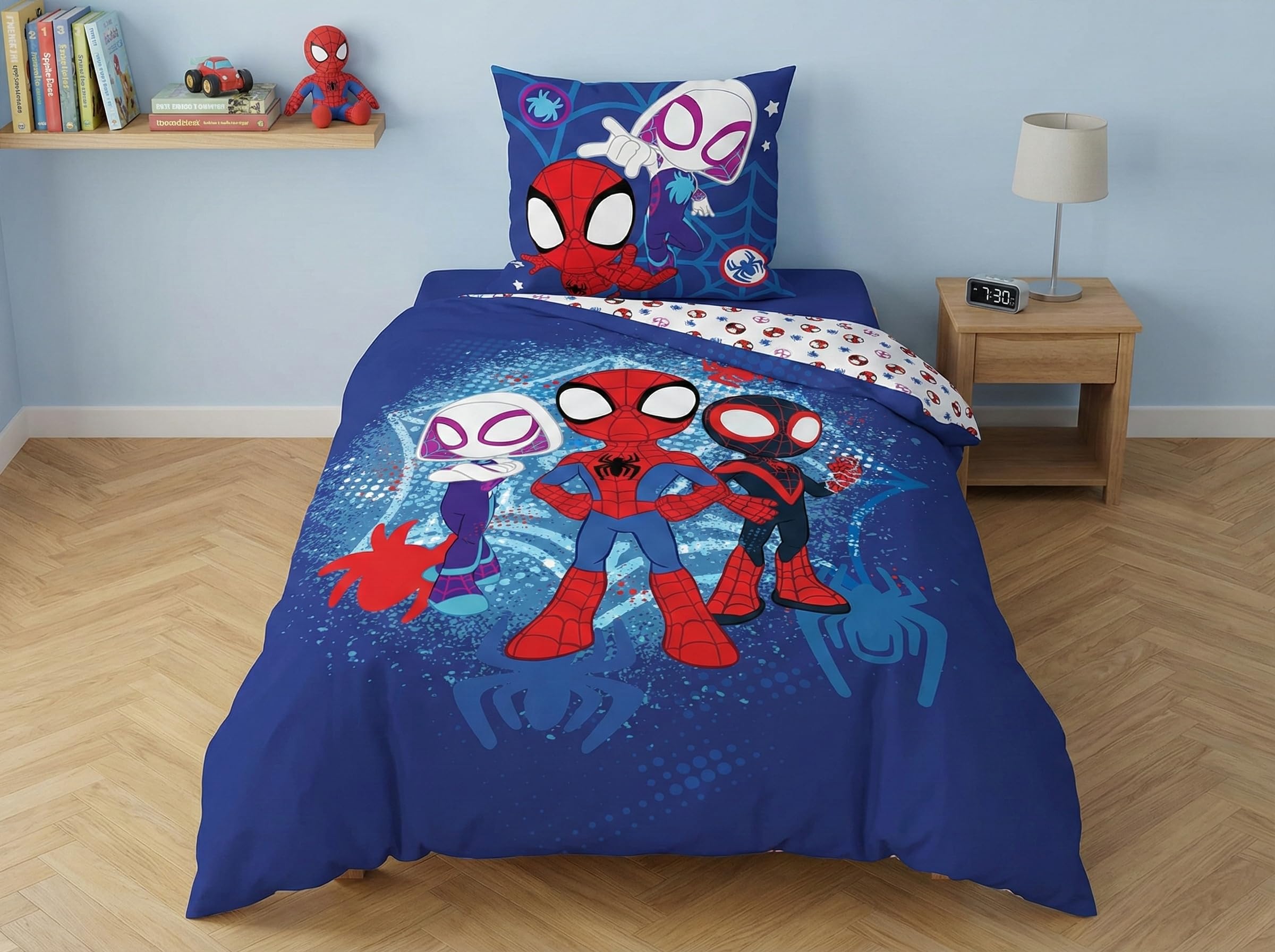 Spidey Spiderman Housse de Couette 140x200 + Taie 65x65 100% Coton Cadeau | Parure de lit réversible 1 personne | Spidey en pleine acrobatie | Licence officielle Marvel | Oeko-Tex | Garçon 3-8 ans