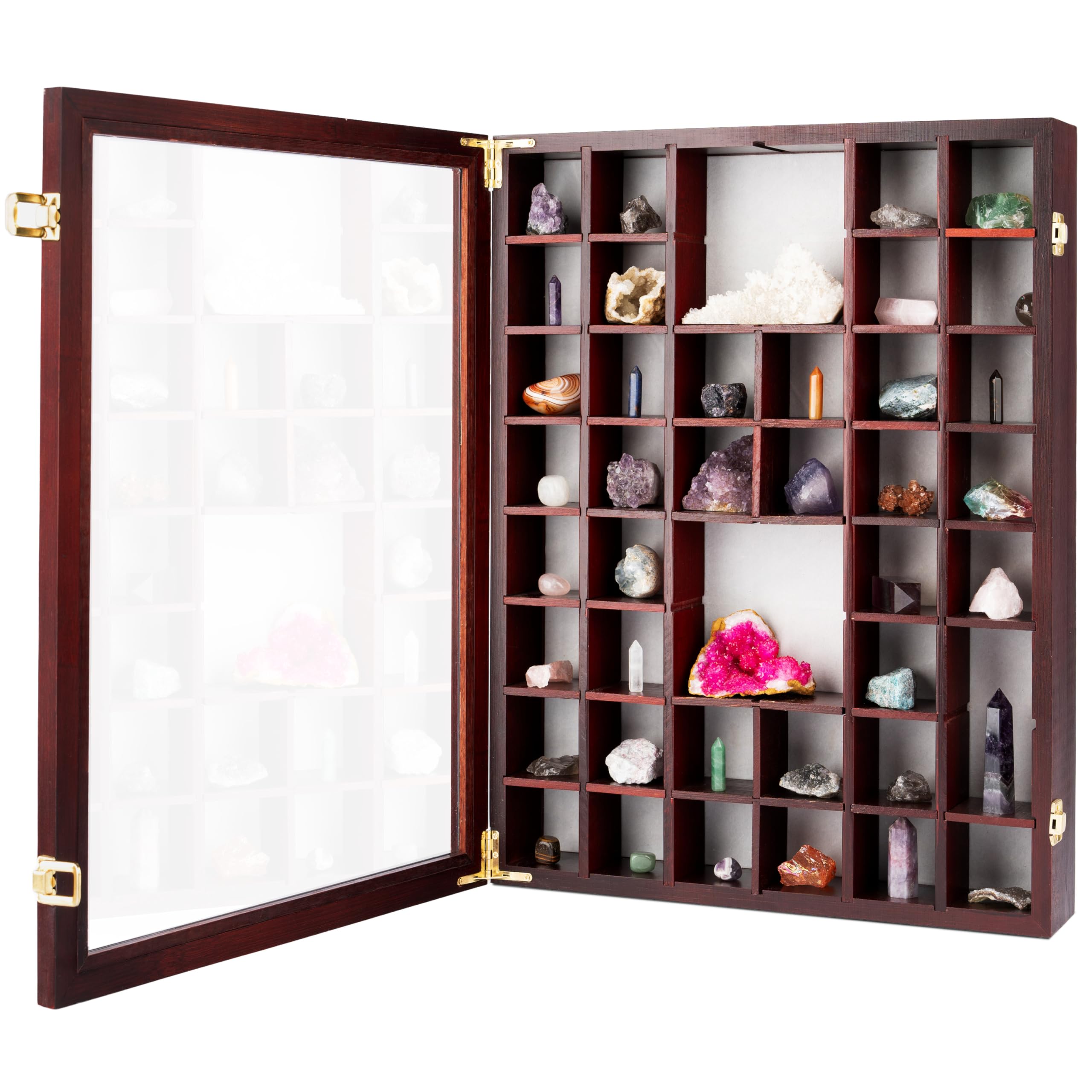 Adjustable Rock Display Case - Rock Collection Box with Fabric Bed for Rock and Mineral Display - Dark-Finish Shadow Box with Shelves for Crystal Storage - Display Cases for Collectibles (Large)