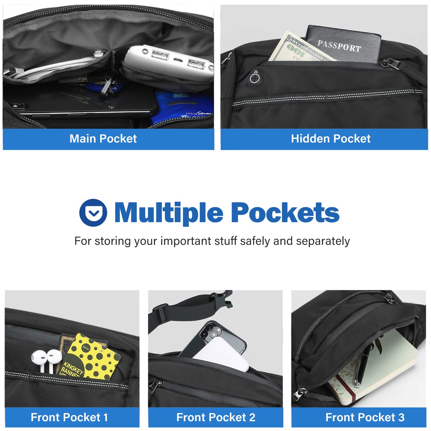 Marsupio ProCase Uomo/Nero - 6 Tasche, Nylon Idrorepellente Per Sport E Viaggi