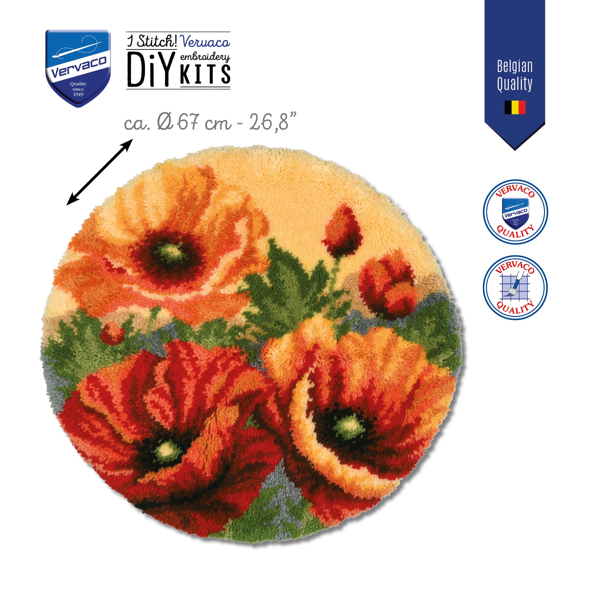 VERVACO Knüpfteppich Set DIY Handarbeit Knüpfset für Anfänger MOHNBLUMENFORM Teppich zum Selber Knüpfen Basteln Erwachsene Kreativ Set 67 x 67 cm Latch Hook Knüpfhaken Haus Dekoration