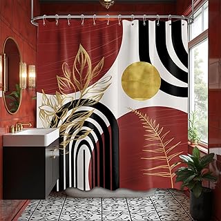 Black and Red Shower Curtain Boho Mid Century Burgundy Dark Red and Gold and White Shower Curtains for Bathroom Decor, Waterproof Cloth Fabric with Hooks, 70" W x 72" L