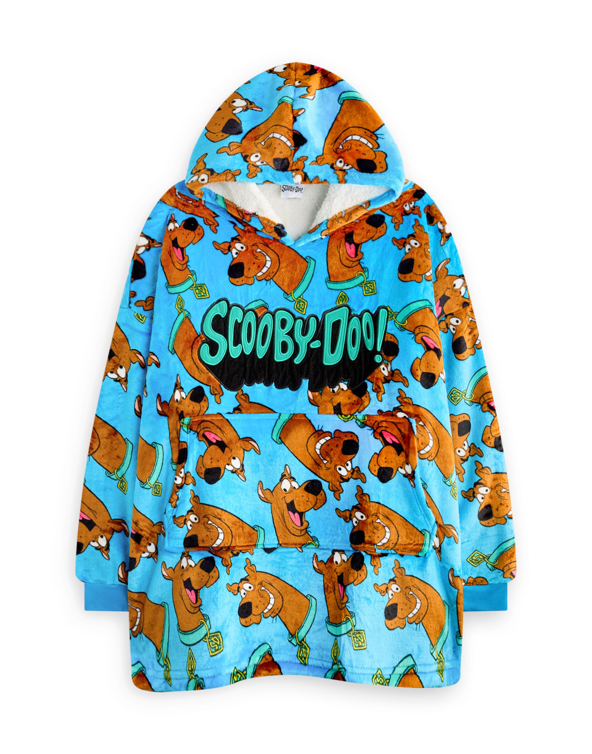 Scooby-Doo! Boys Blue Wearable Blanket Hoodie | Kids Hooded Fleece Pullover In Character All Over Print | Sherpa Lined Loungewear With Pockets | Animated Cartoon Series Merchandise Gift