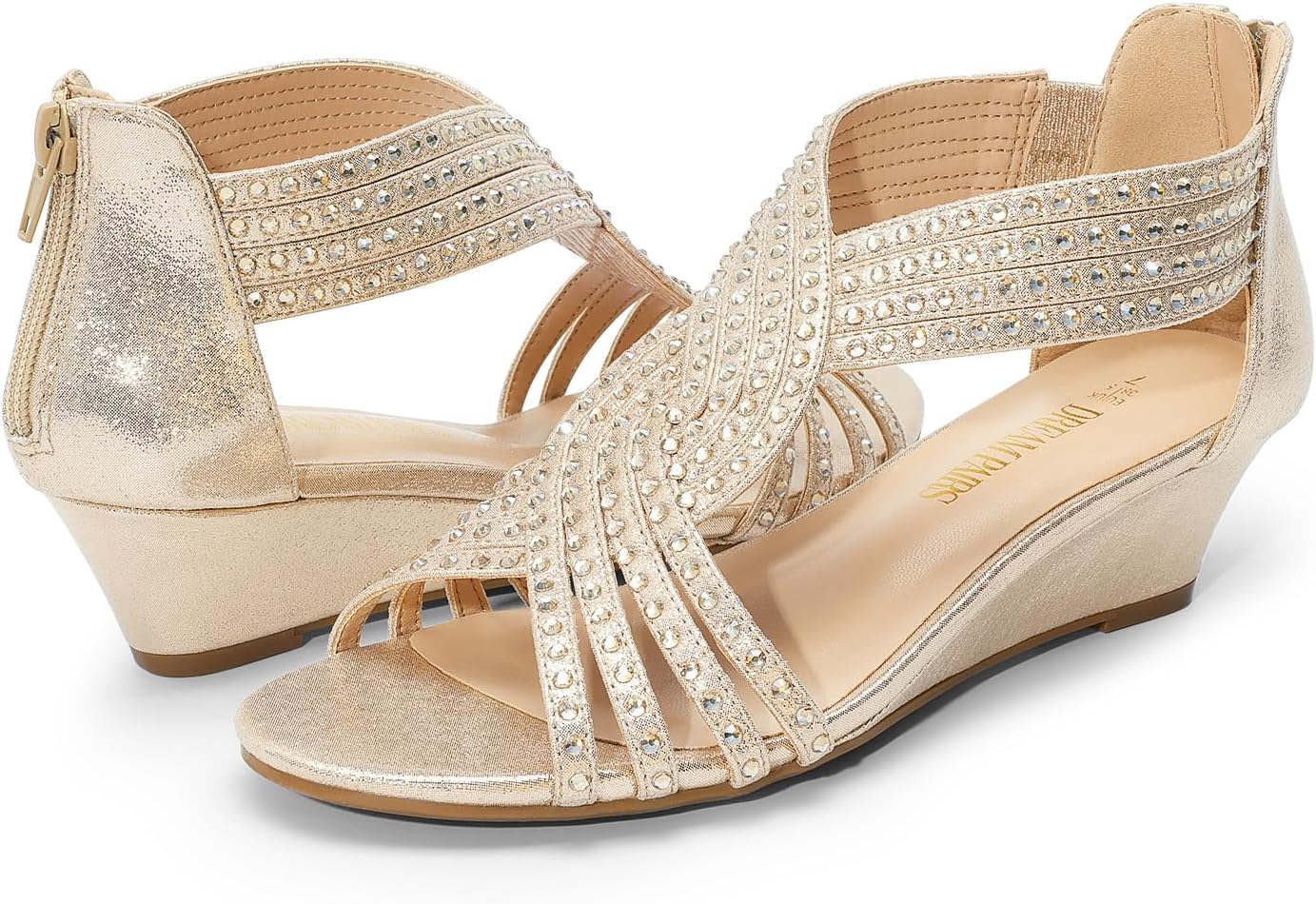 DREAM PAIRS Women's Open Toe Low Wedges Sandals, Rhinestone Strappy Zipper Dress Shoes, Summer Wedding Party Travel Shoes
