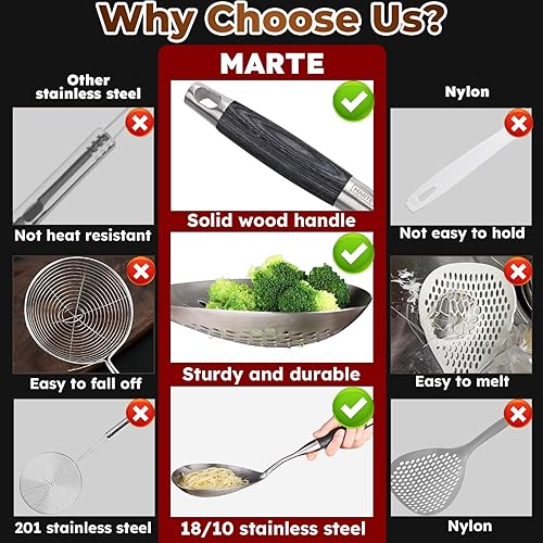 Miniatura 3 de MARTE Cuchara ranurada de 14.8 pulgadas para pasta, cuchara para cocinar y freír, cuchara coladora de cocina con mango de madera negra resistente al