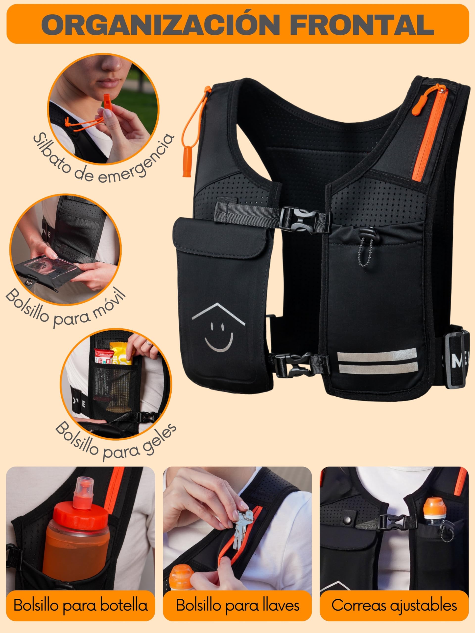 Chaleco Running Hombre Mujer con Kit Completo de Seguridad – Ligero, Sin Rebote y Cómodo, 7 Bolsillos, Transpirable y Reflectante para Carrera, Senderismo y Montaña - 5
