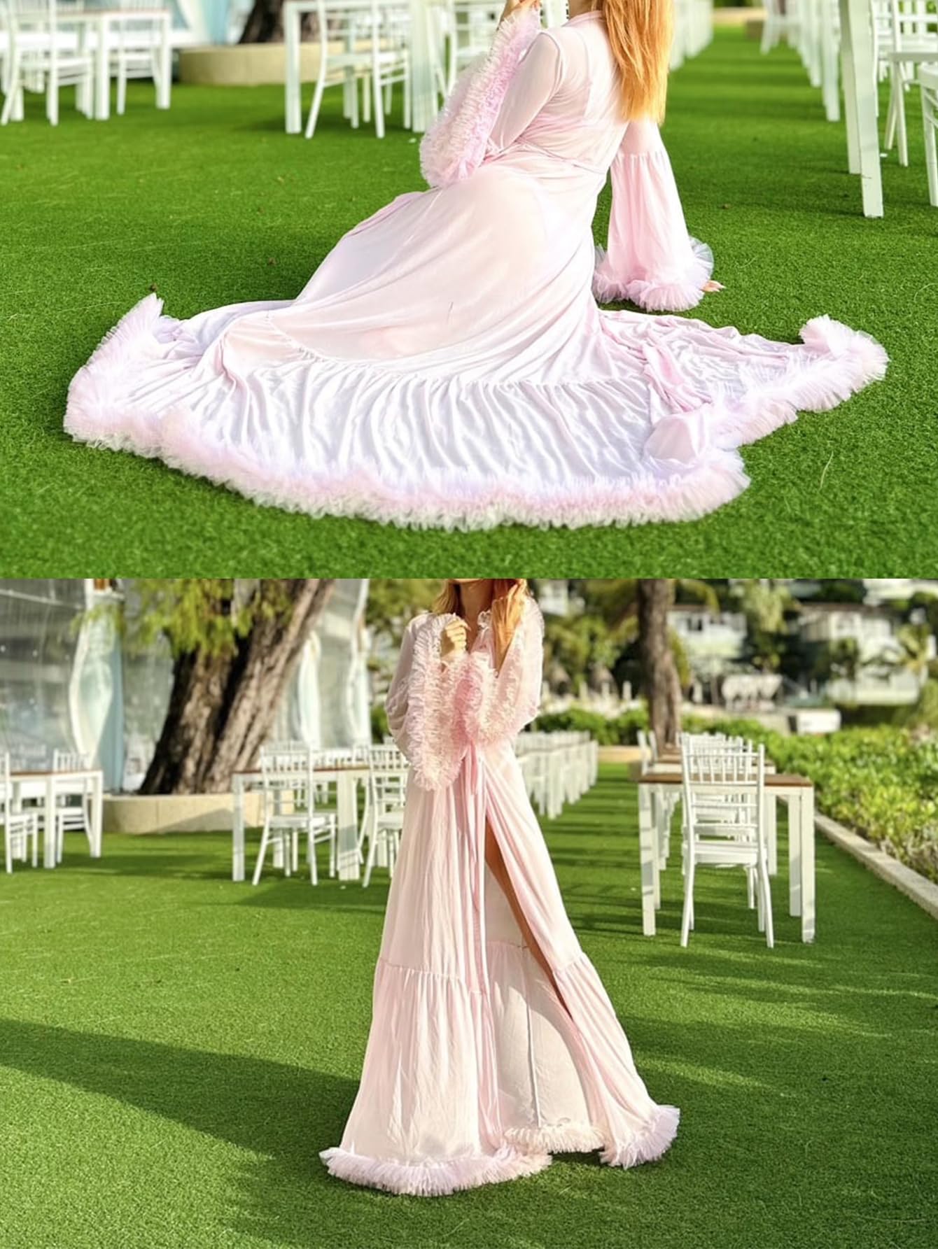 OYOANGLE Women's Ruffle Trim Long Sleeve Belted Sheer Mesh Wedding Bride Robe Nightgown: XX-Large Light Pink