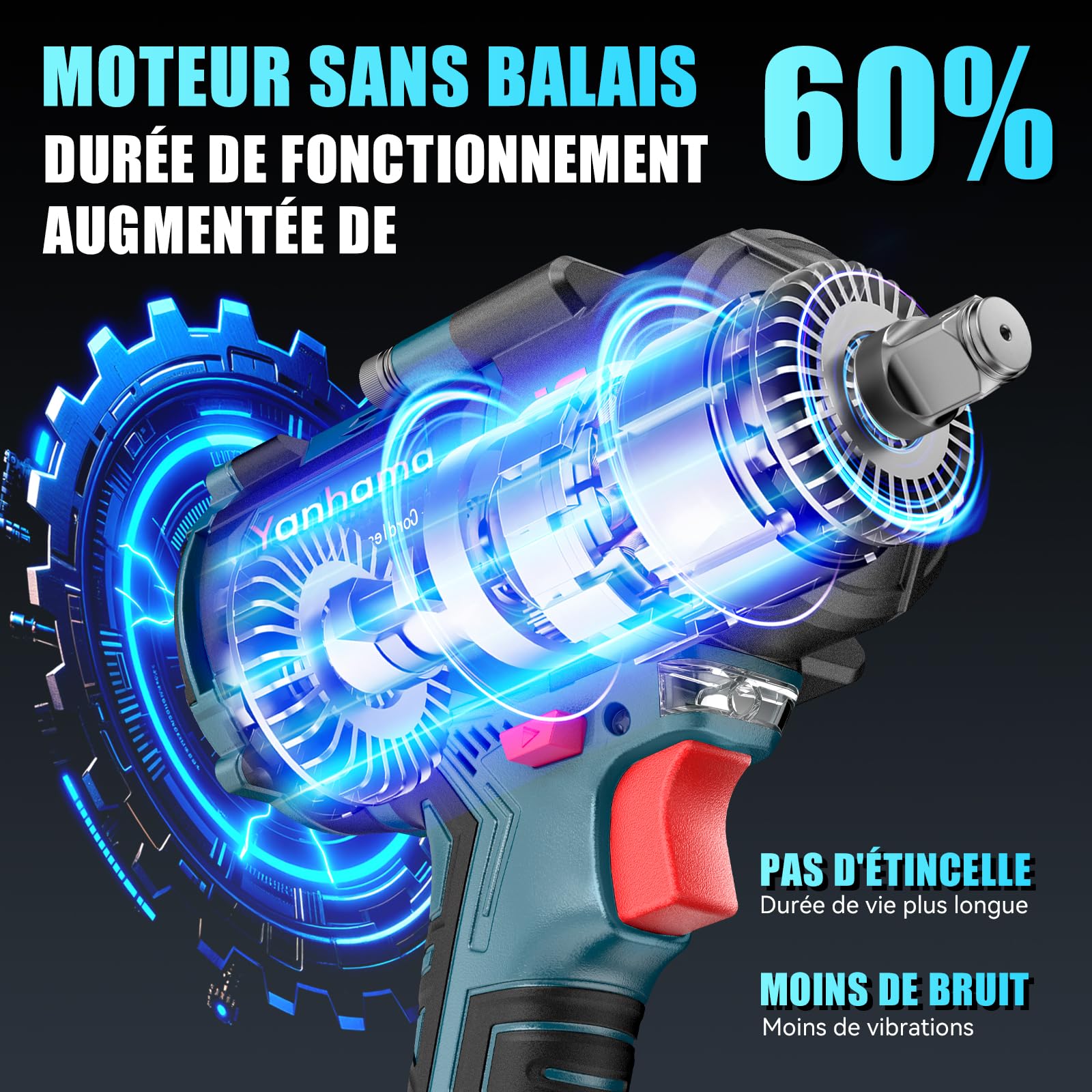 Cle a Choc Sans Fil Brushless 1400 Nm, Boulonneuse a Choc Electrique avec 2 * 4500mAh Batterie 21V, Adaptateur 1/2" Visseuse à Chocs D'impact, Facilité pour Boulonner et Déboulonner
