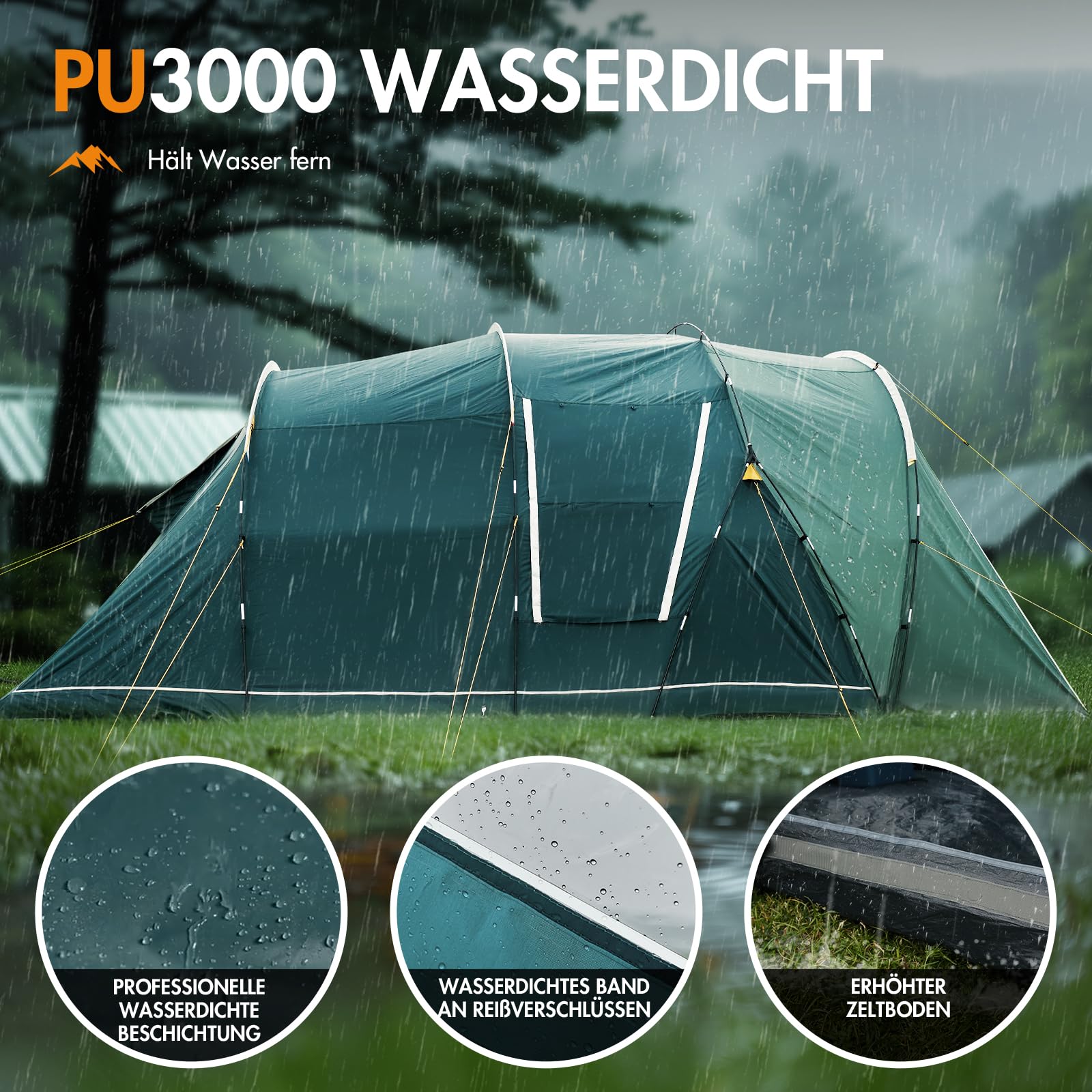Portal Zelt 5-6 Personen Tunnelzelt Wasserdicht 3000 mm 6 Mann Luxus Campingzelt 2 Schlafkabinen mit Stehhöhe Vorzelt Bodenwanne XXL Groß Familienzelt Gruppenzelt für Camping Reise Trekking Garten
