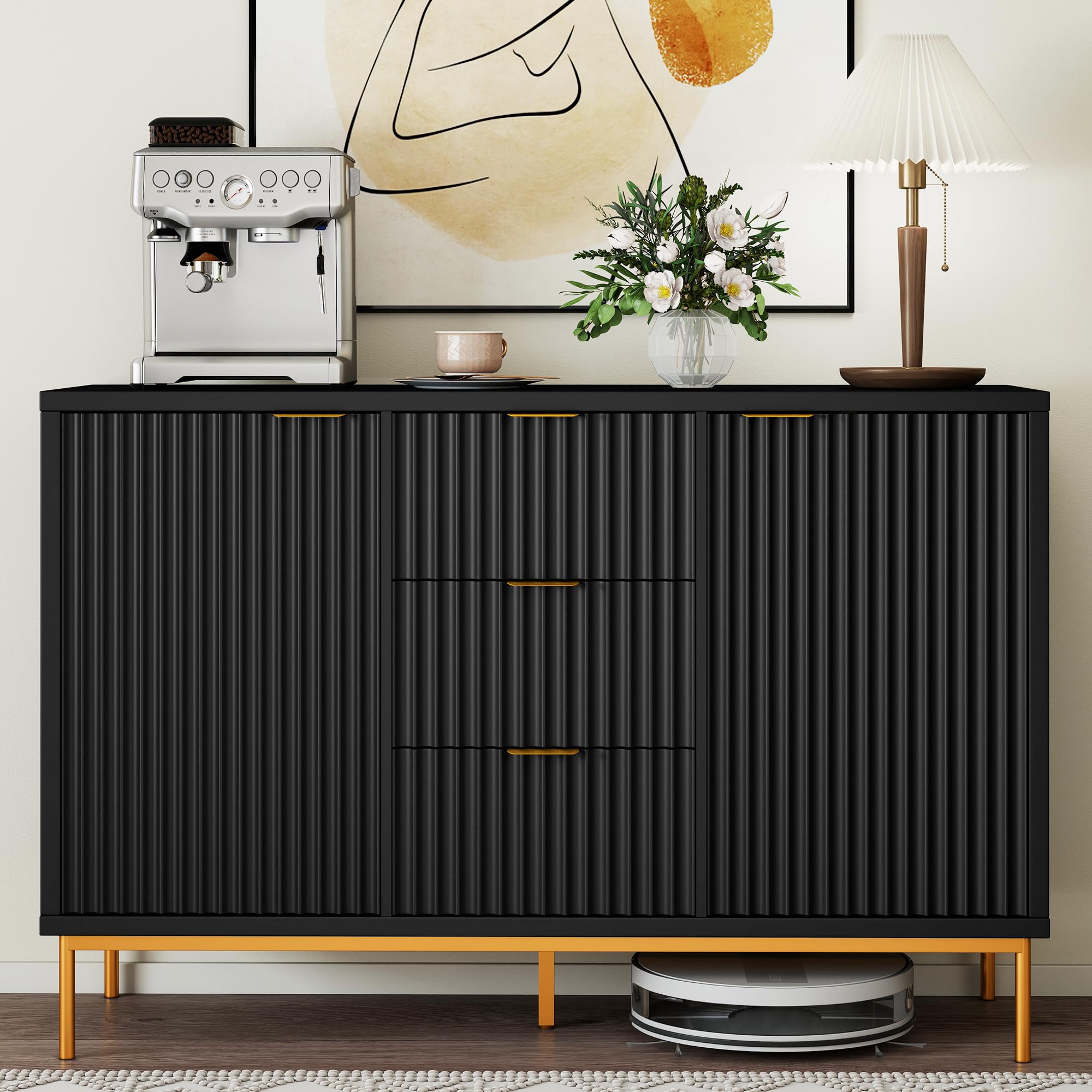 Winlice Fluted Sideboard Buffet Cabinet, Modern 47" Buffet Table with Storage, 2 Doors 3 Drawers and Adjustable Shelf, Coffee Bar Cabinet Credenza for
