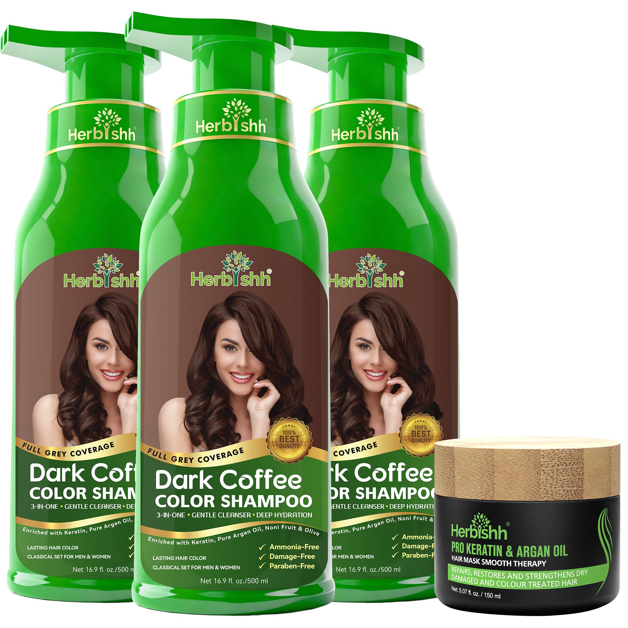 Herbishh Dark Coffee 3 w 1 szampon do włosów, opakowanie 3 x 500 ml, z olejkiem keratynowym i arganowym, maska do włosów 150 ml, szara farba do włosów dla mężczyzn i kobiet, suche i zniszczone włosy