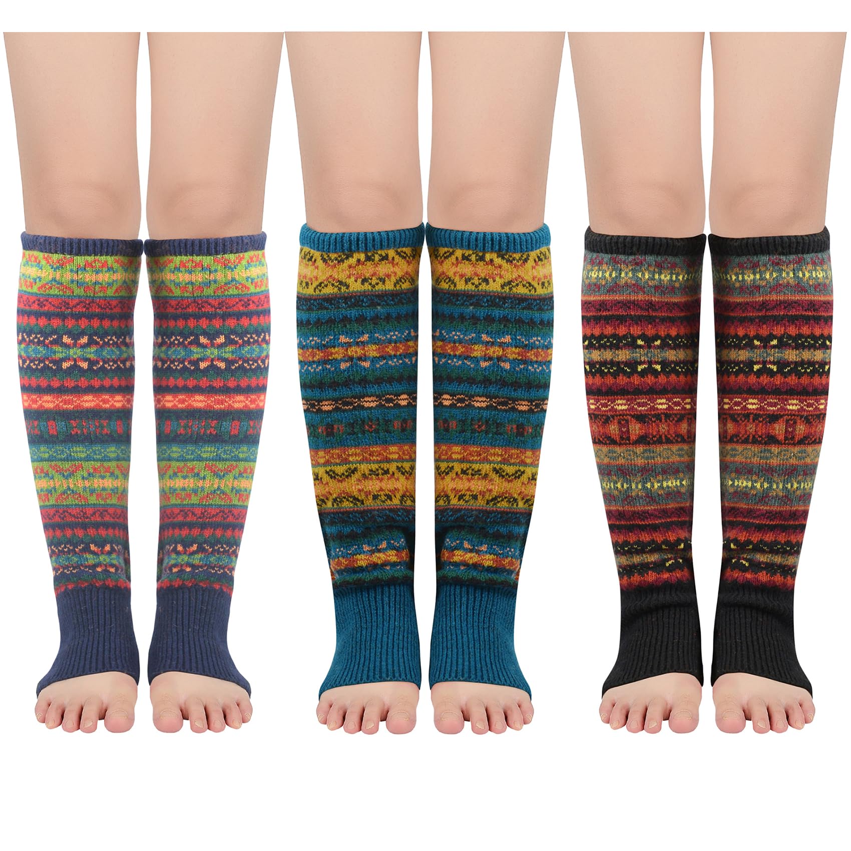 Durio Calentadores largos de invierno para mujer, calentadores de piernas de punto gruesos, calentadores de piernas bohemios, negro, azul y azul marino, Talla única