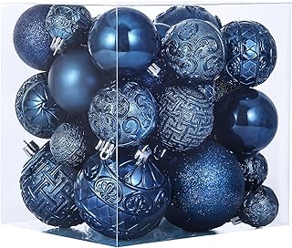 46 Pcs Navy Blue Christmas Ball Ornaments, Shatterproof Christmas Tree Ornaments Set with Velvet Christmas Bows Decor, Vintage Xmas Decorations with Hanging Hooks in 3 Sizes(Small Medium Large)