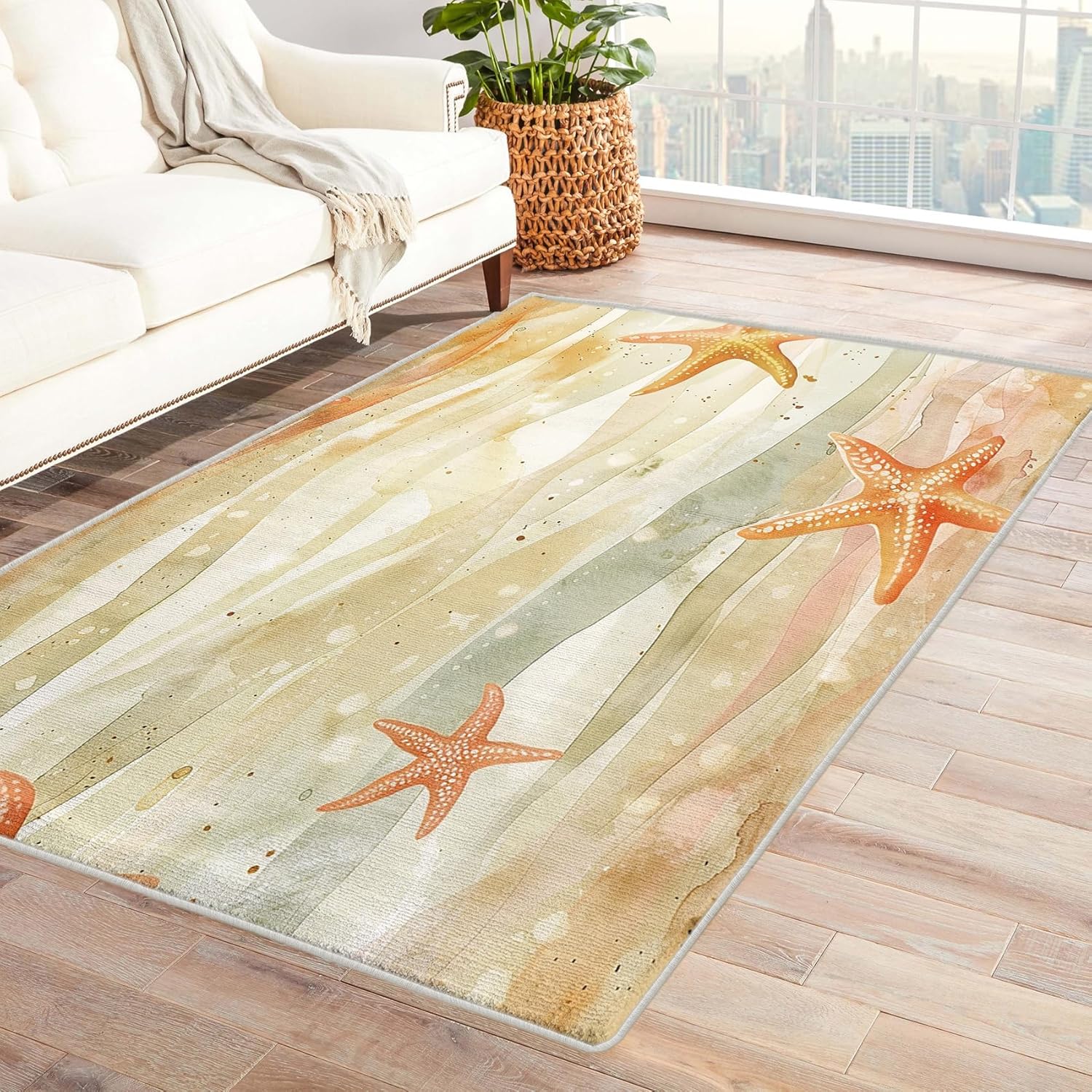 Ocean Beach Rug 3x5, Washable Coastal Rugs for Living Room Bedroom, Starfish Seashell Area Rug for Home Decor, Non Slip Backing Floor Carpet - 3 x 5 ft