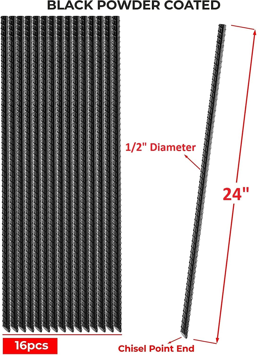 VASGOR 24” Ground Rebar Stakes (16 pcs), Heavy Duty Hook Ground Anchors, Steel Plant Support Garden Stake with Chisel Point end, Hammer Through Hard Soil for Camping Tent : Patio, Lawn & Garden