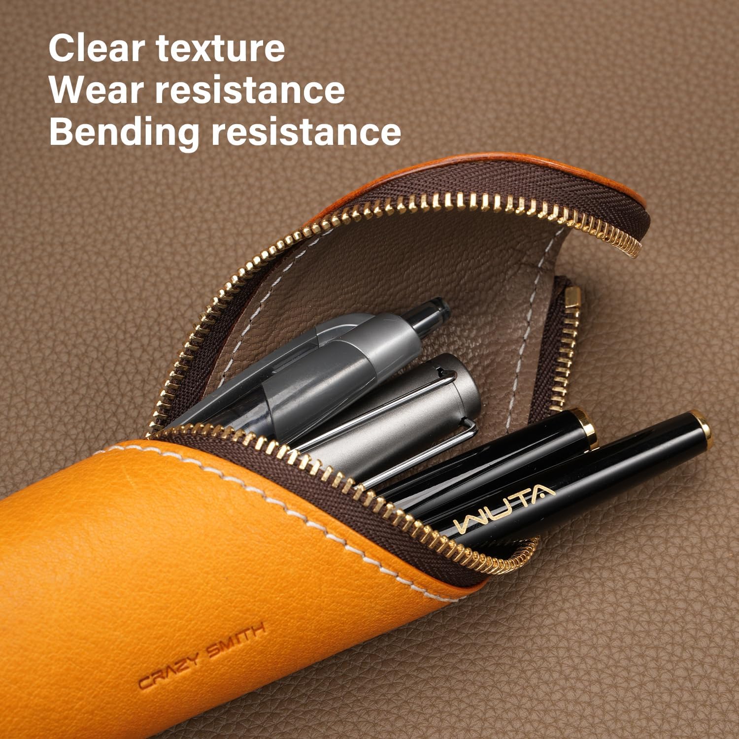 Handmade Leather Croissant Pen Case,Cute Curved Zipper Pencil Pouch,Premium Zinc Alloy Zipper Stationery Bag,Lightweight Portable Pen Holder,Gift Box Included (Yellow + Elephant Grey)