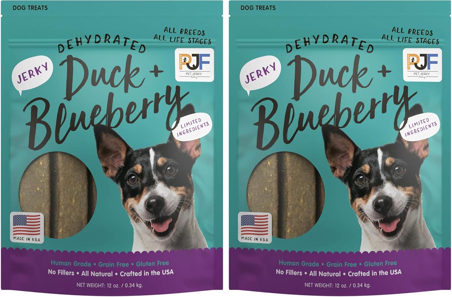 PET JERKY FACTORY Premium Duck and Blueberry 12 oz. Dog Jerky Treats|100% Human Grade | USA Made-| High Protein-| Grain Free-| Limited Ingredients-| No Filler-| BHA-BHT Free-| Soft-Tender,(Pack of 2)