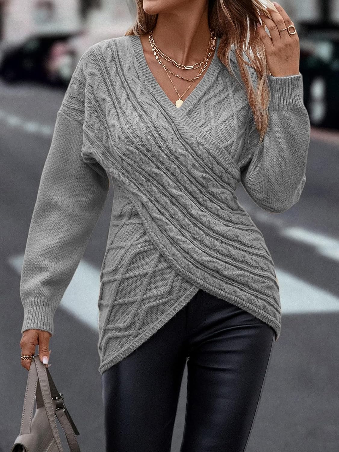 Womens Casual V Neck Long Sleeve Sweaters Cross Wrap Front Cable Knit Pullover Sweater Jumper Tops - Image 5